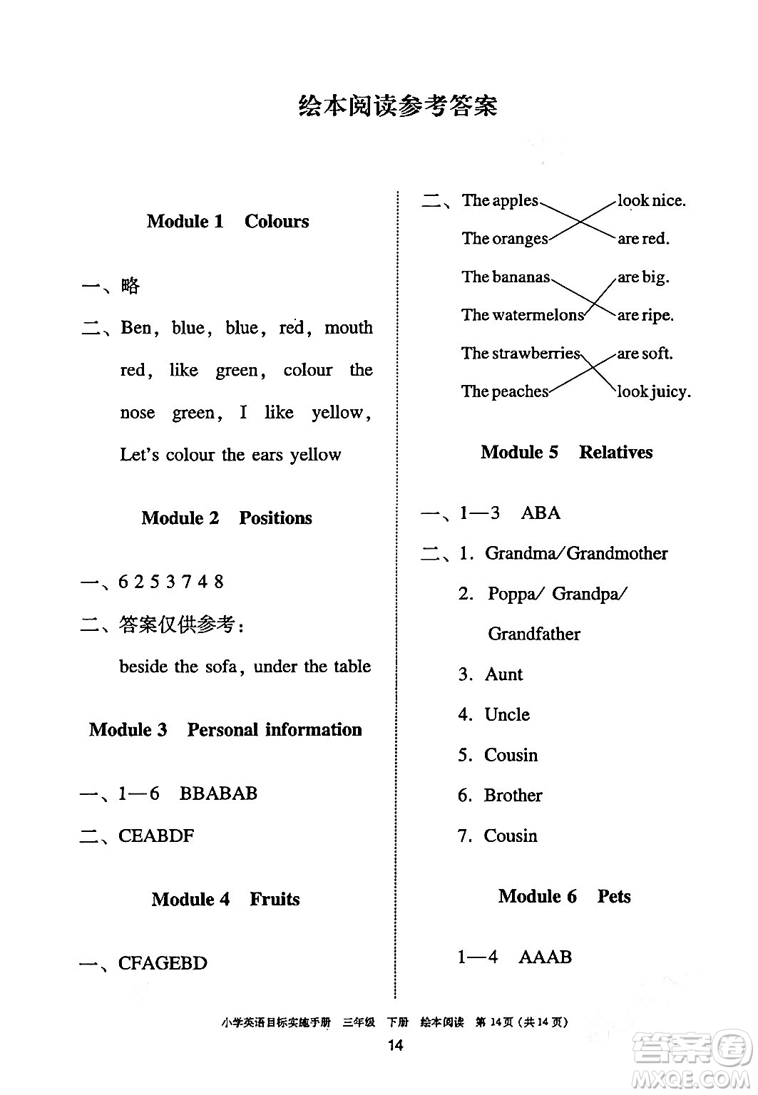 廣州出版社2024年春小學(xué)英語目標(biāo)實(shí)施手冊三年級英語下冊廣州專版答案