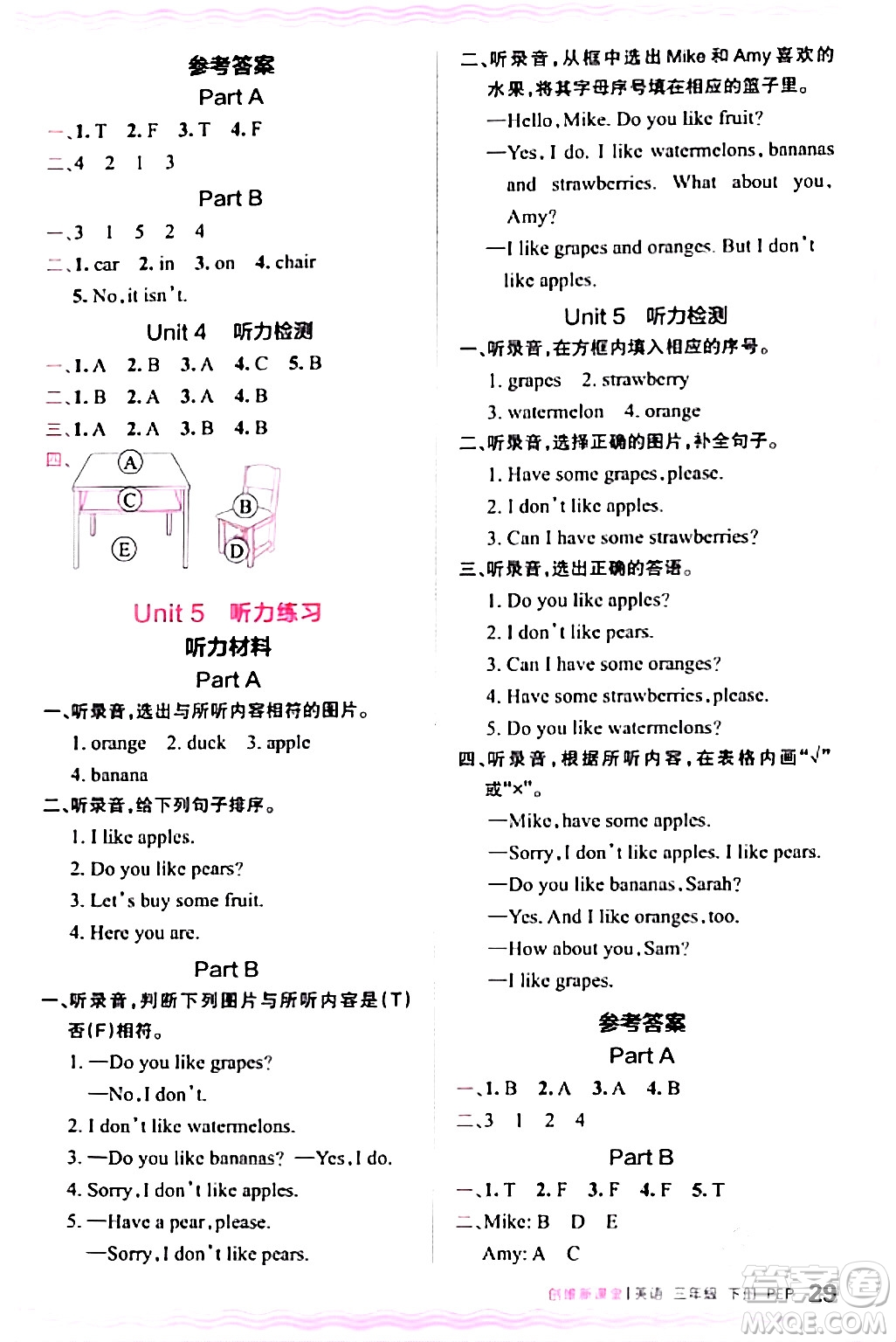 江西人民出版社2024年春王朝霞創(chuàng)維新課堂三年級(jí)英語下冊(cè)人教PEP版答案