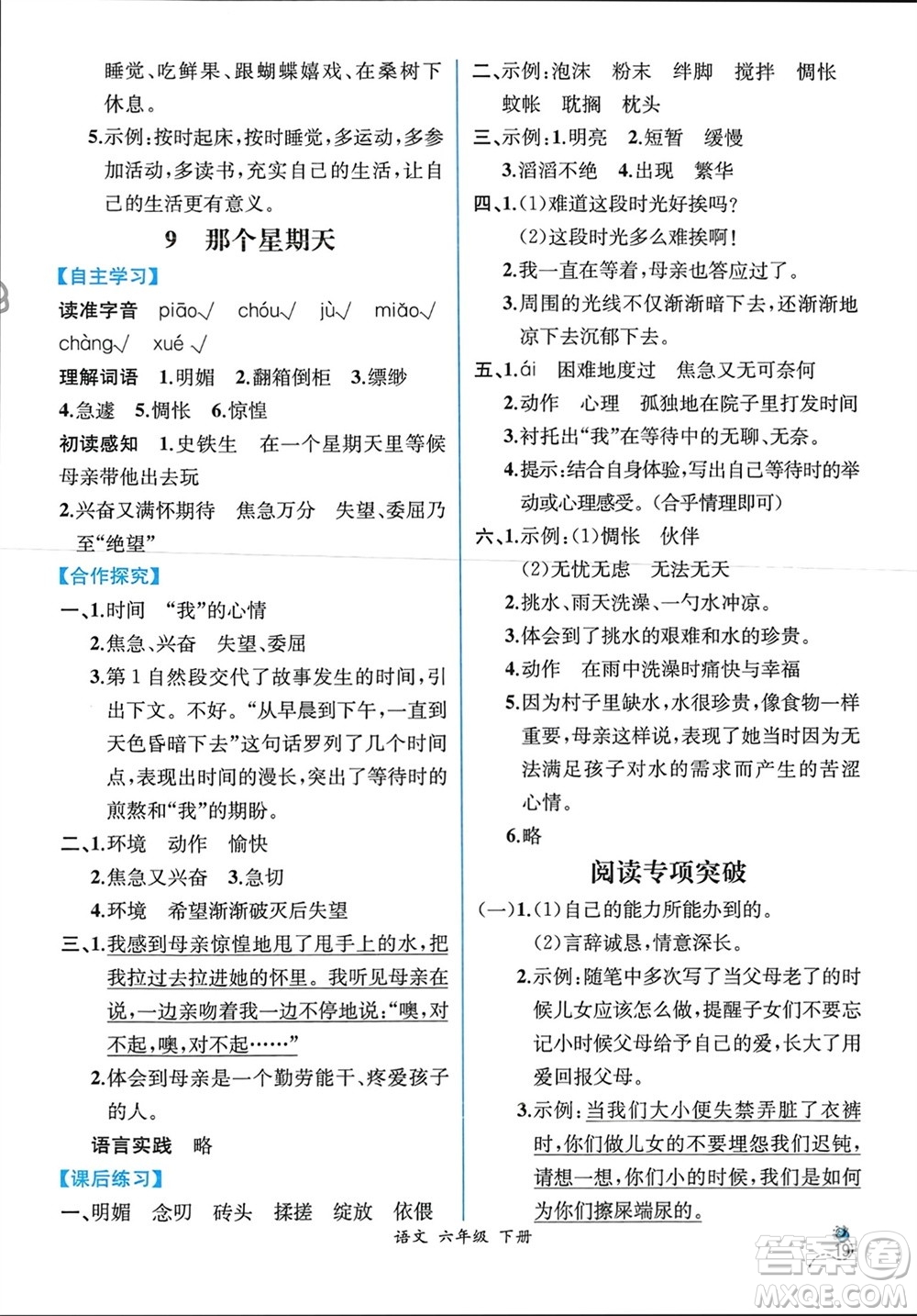 人民教育出版社2024年春人教金學(xué)典同步解析與測(cè)評(píng)六年級(jí)語(yǔ)文下冊(cè)人教版云南專版參考答案