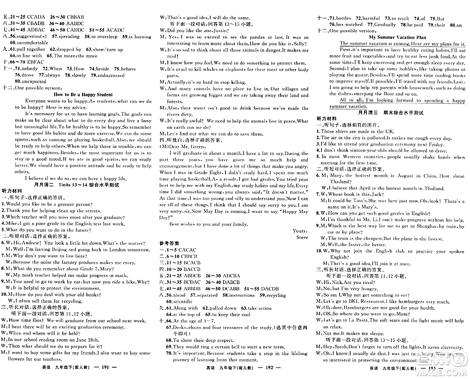 新疆青少年出版社2024年春四清導(dǎo)航九年級(jí)英語(yǔ)下冊(cè)人教版答案