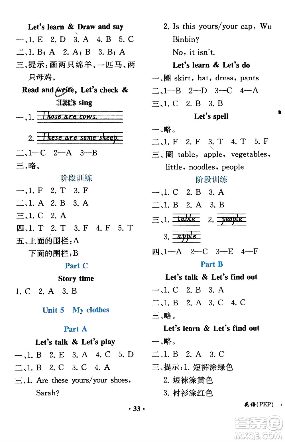 人民教育出版社2024年春同步解析與測評課堂鞏固練習四年級英語下冊人教版重慶專版參考答案