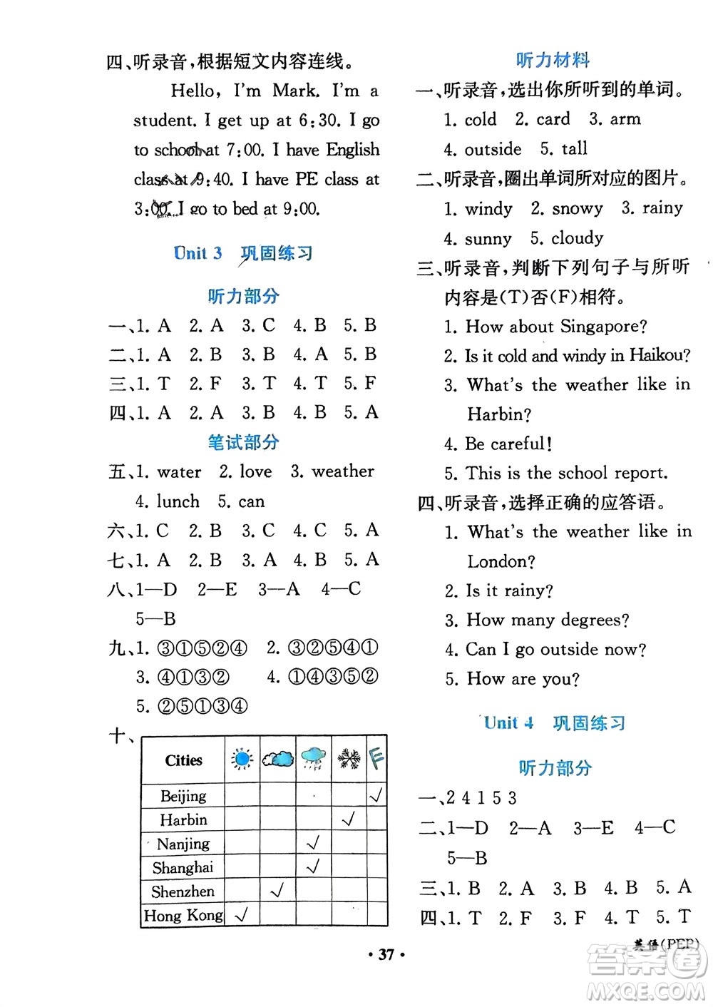 人民教育出版社2024年春同步解析與測評課堂鞏固練習四年級英語下冊人教版重慶專版參考答案