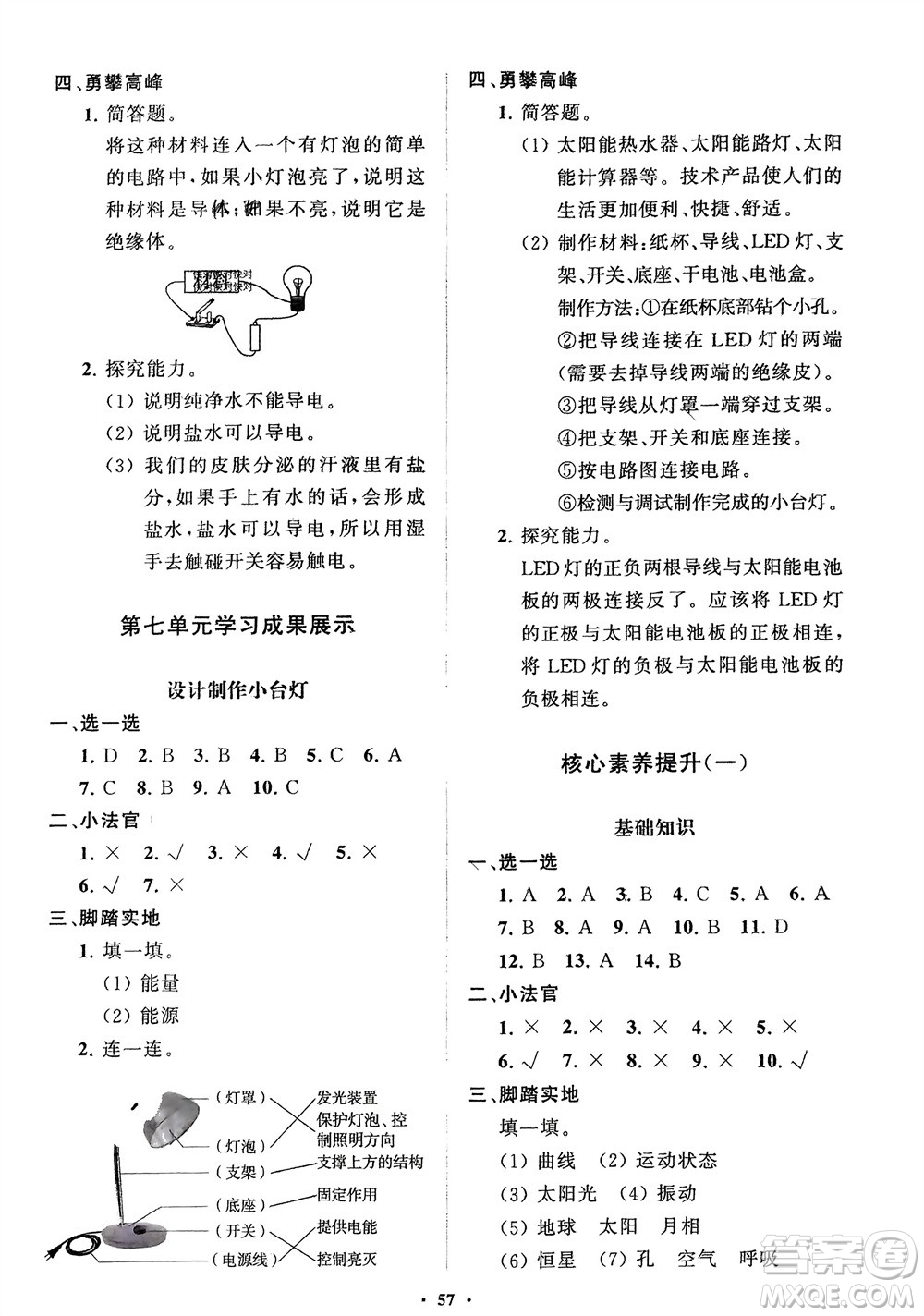 山東教育出版社2024年春小學同步練習冊分層指導四年級科學下冊通用版參考答案