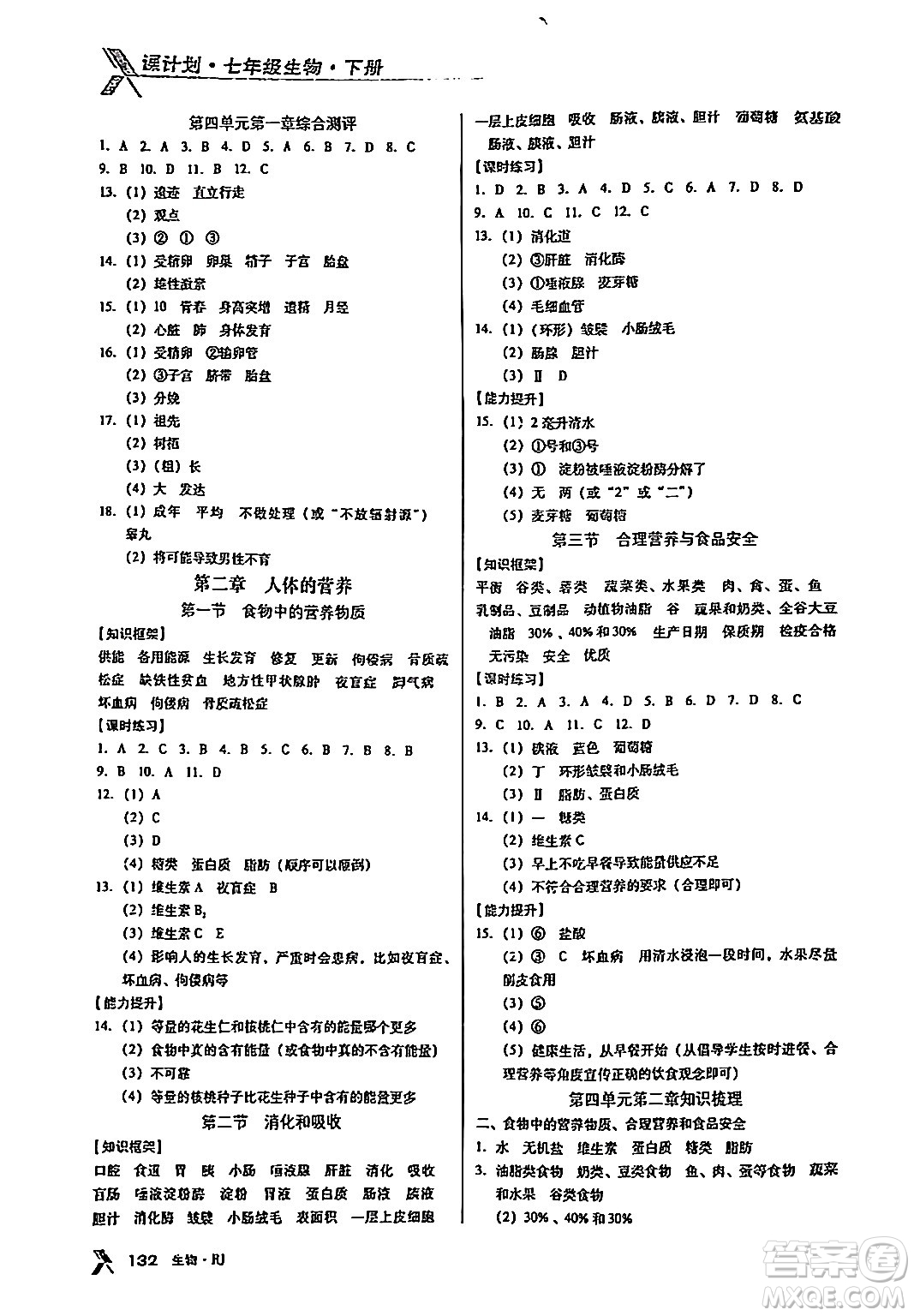 廣東經(jīng)濟出版社2024年春全優(yōu)點練課計劃七年級生物下冊人教版答案