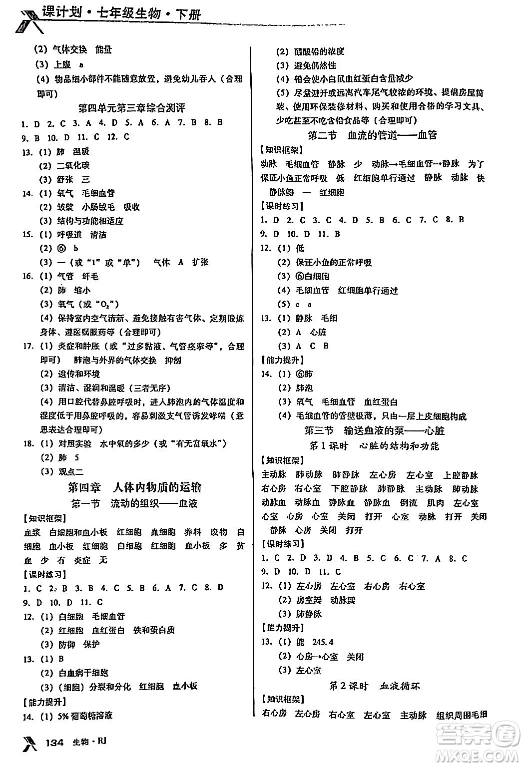 廣東經(jīng)濟出版社2024年春全優(yōu)點練課計劃七年級生物下冊人教版答案