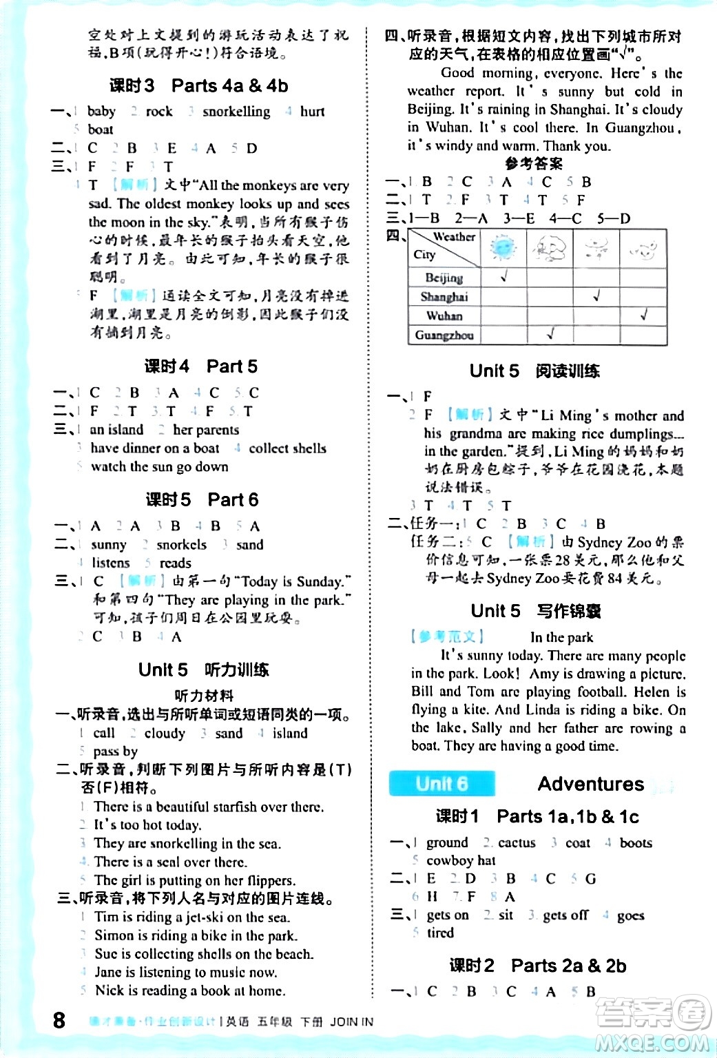 江西人民出版社2024年春王朝霞德才兼?zhèn)渥鳂I(yè)創(chuàng)新設(shè)計五年級英語下冊劍橋版答案