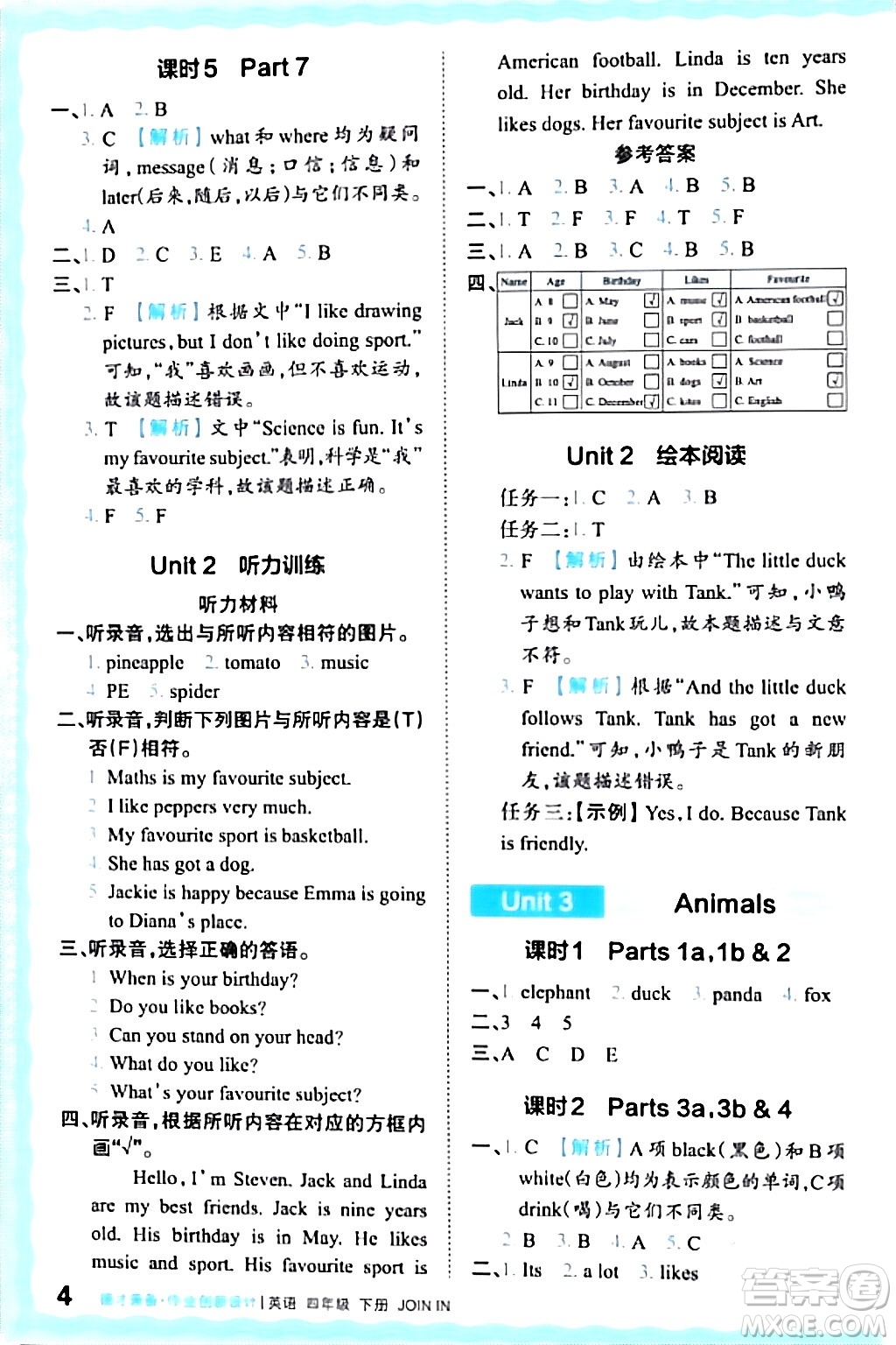 江西人民出版社2024年春王朝霞德才兼?zhèn)渥鳂I(yè)創(chuàng)新設(shè)計(jì)四年級(jí)英語(yǔ)下冊(cè)劍橋版答案