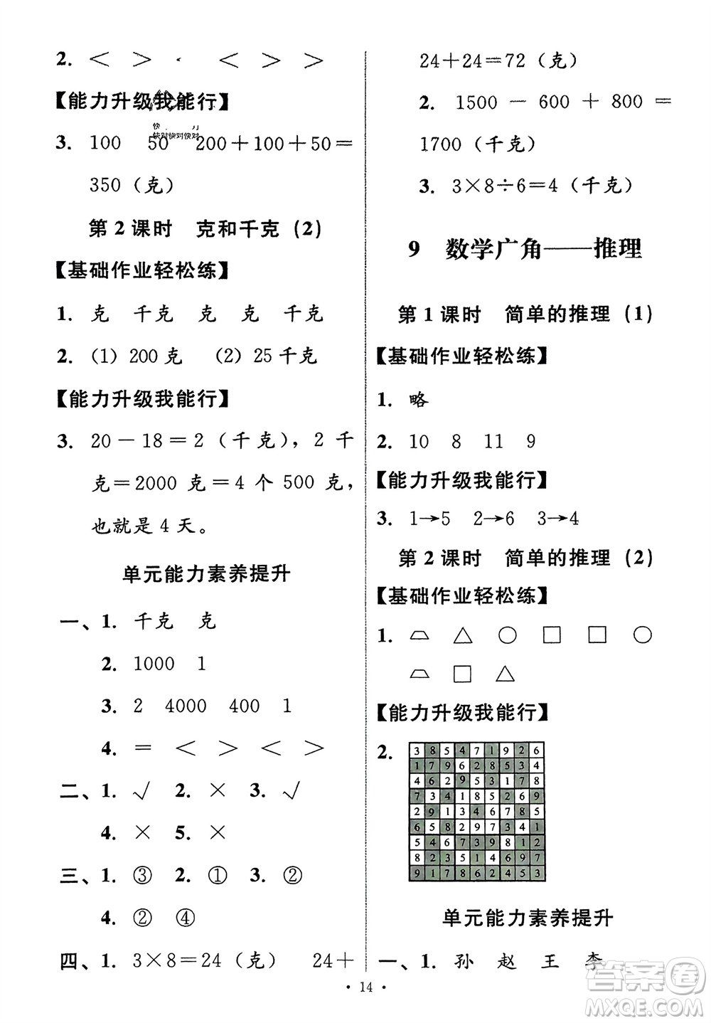 人民教育出版社2024年春能力培養(yǎng)與測試二年級數(shù)學(xué)下冊人教版新疆專版參考答案