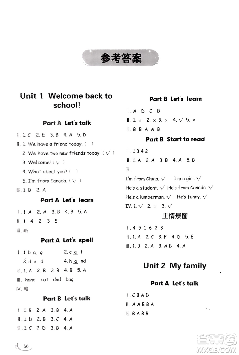山東技術(shù)出版社2024年春小學(xué)同步練習(xí)冊三年級英語下冊人教版山東專版參考答案