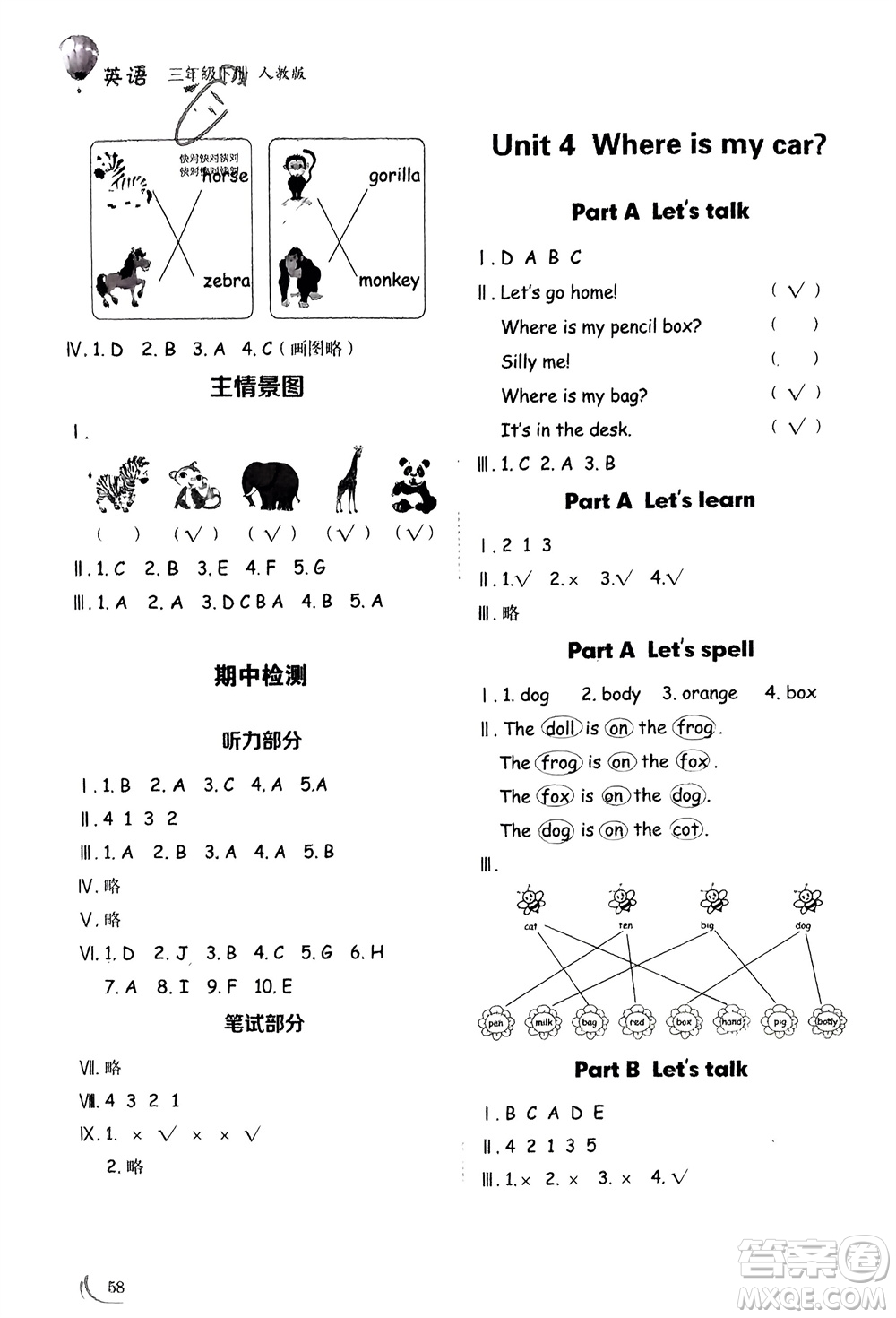 山東技術(shù)出版社2024年春小學(xué)同步練習(xí)冊三年級英語下冊人教版山東專版參考答案