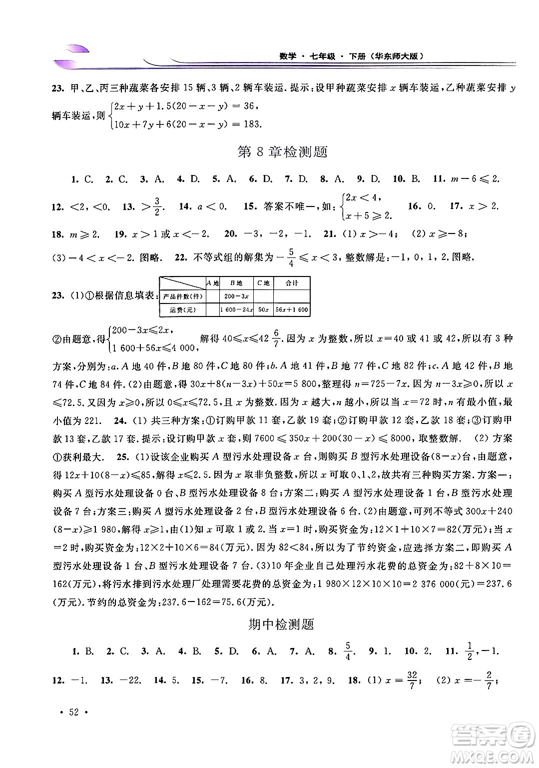 華東師范大學(xué)出版社2024年春學(xué)習(xí)檢測(cè)七年級(jí)數(shù)學(xué)下冊(cè)華東師大版答案