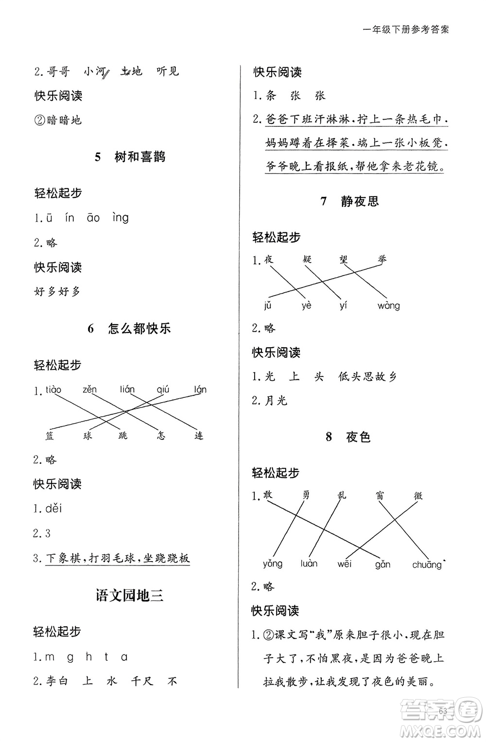 山東人民出版社2024年春小學(xué)同步練習(xí)冊一年級語文下冊六三制人教版參考答案