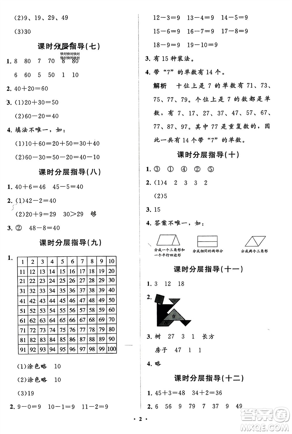 山東教育出版社2024年春小學同步練習冊分層指導一年級數(shù)學下冊五四制通用版參考答案