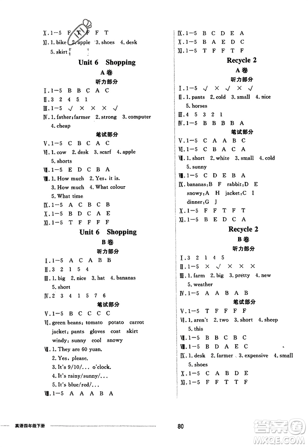 山東科學(xué)技術(shù)出版社2024年春同步練習(xí)冊配套單元自測卷四年級英語下冊通用版參考答案