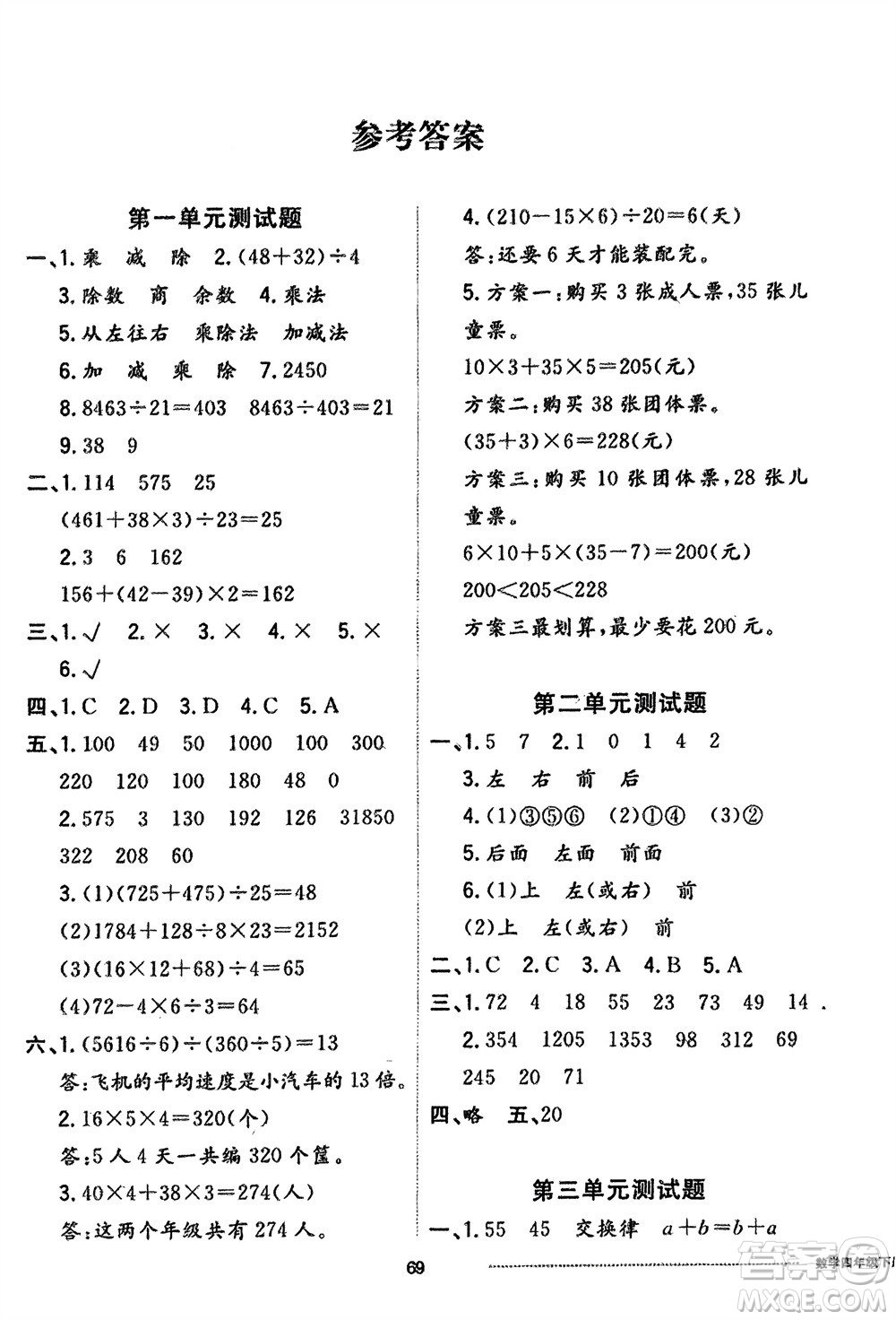 山東科學技術出版社2024年春同步練習冊配套單元自測卷四年級數(shù)學下冊通用版參考答案
