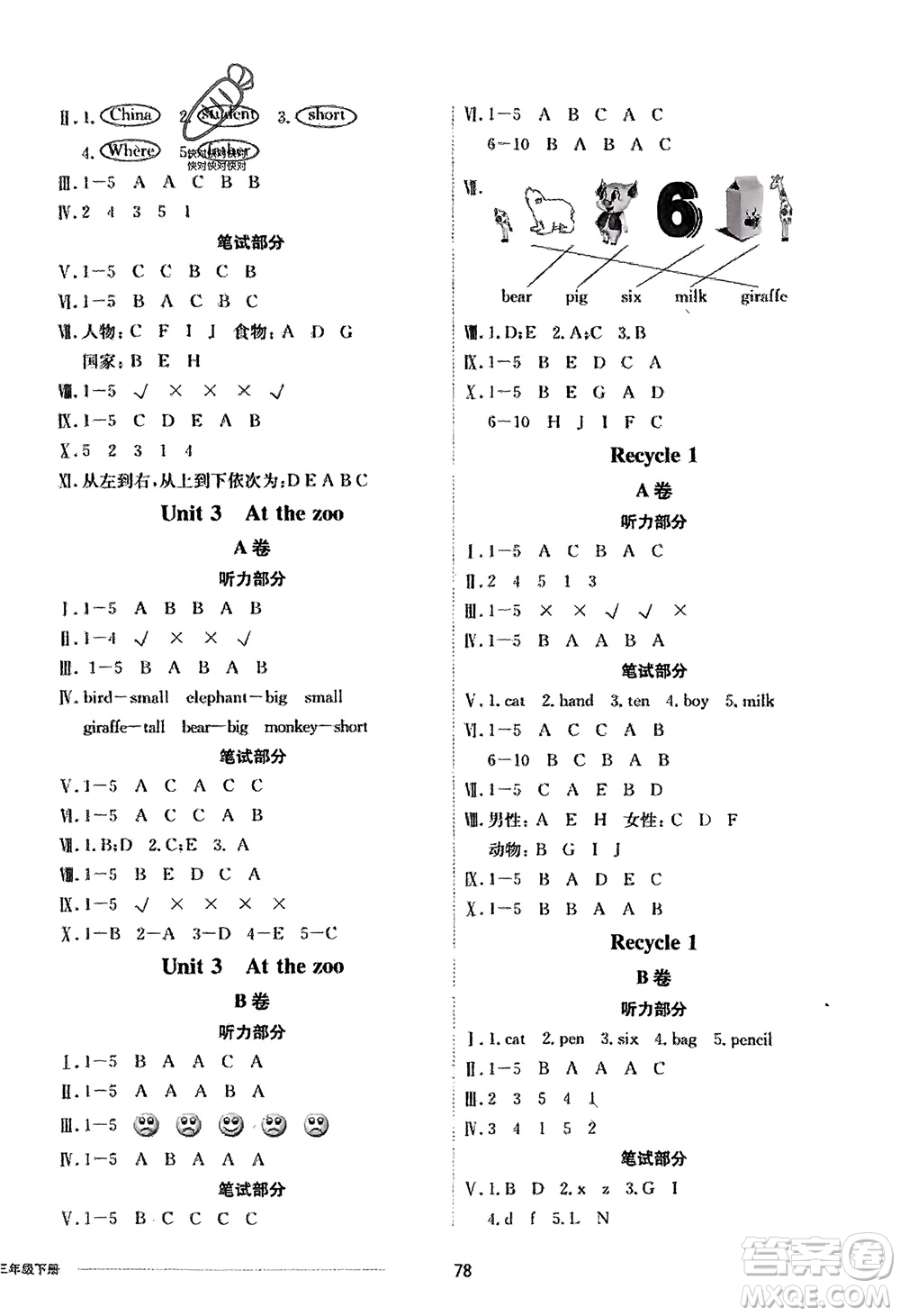 山東科學(xué)技術(shù)出版社2024年春同步練習(xí)冊(cè)配套單元自測(cè)卷三年級(jí)英語(yǔ)下冊(cè)通用版參考答案