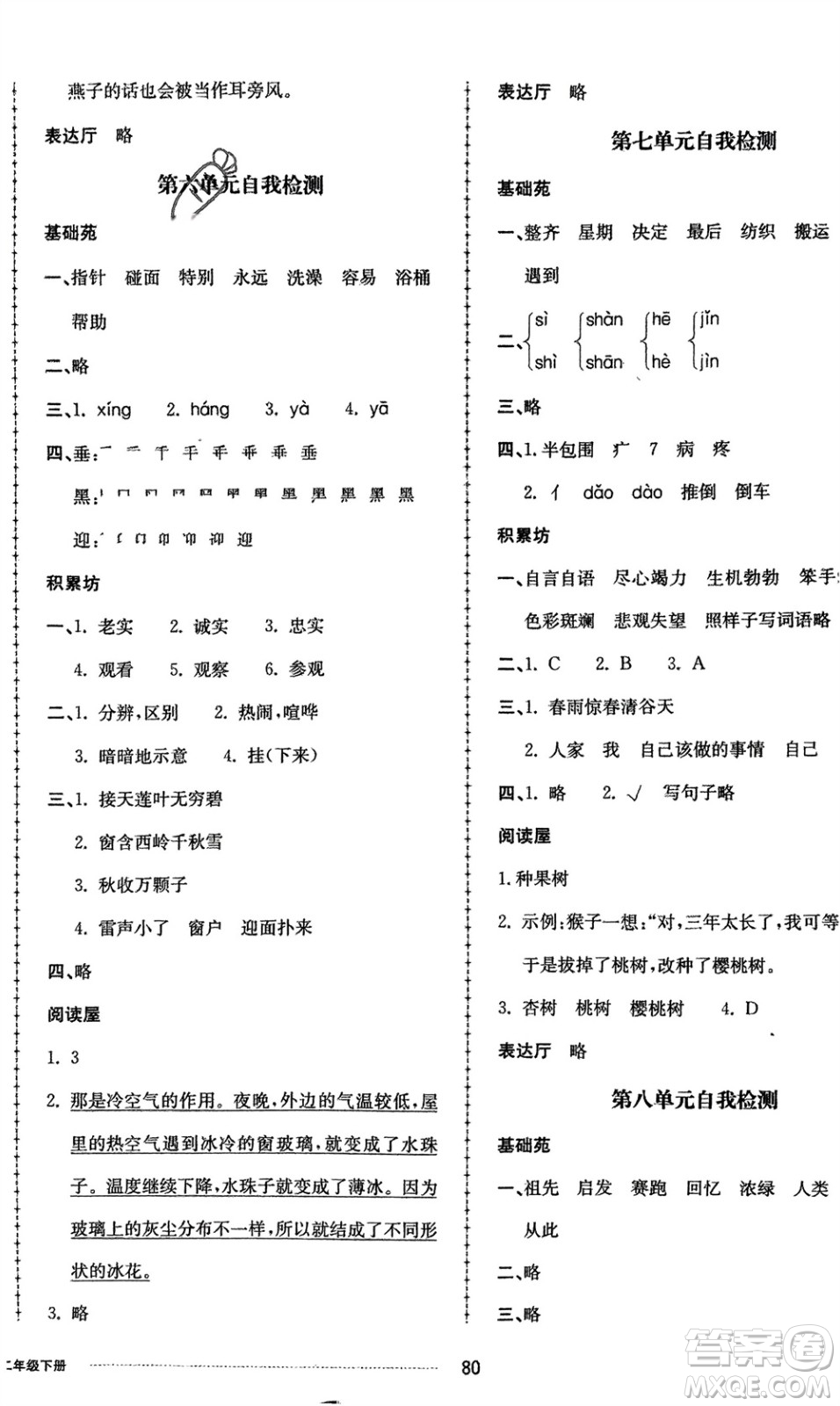 山東科學(xué)技術(shù)出版社2024年春同步練習(xí)冊配套單元自測卷二年級語文下冊通用版參考答案