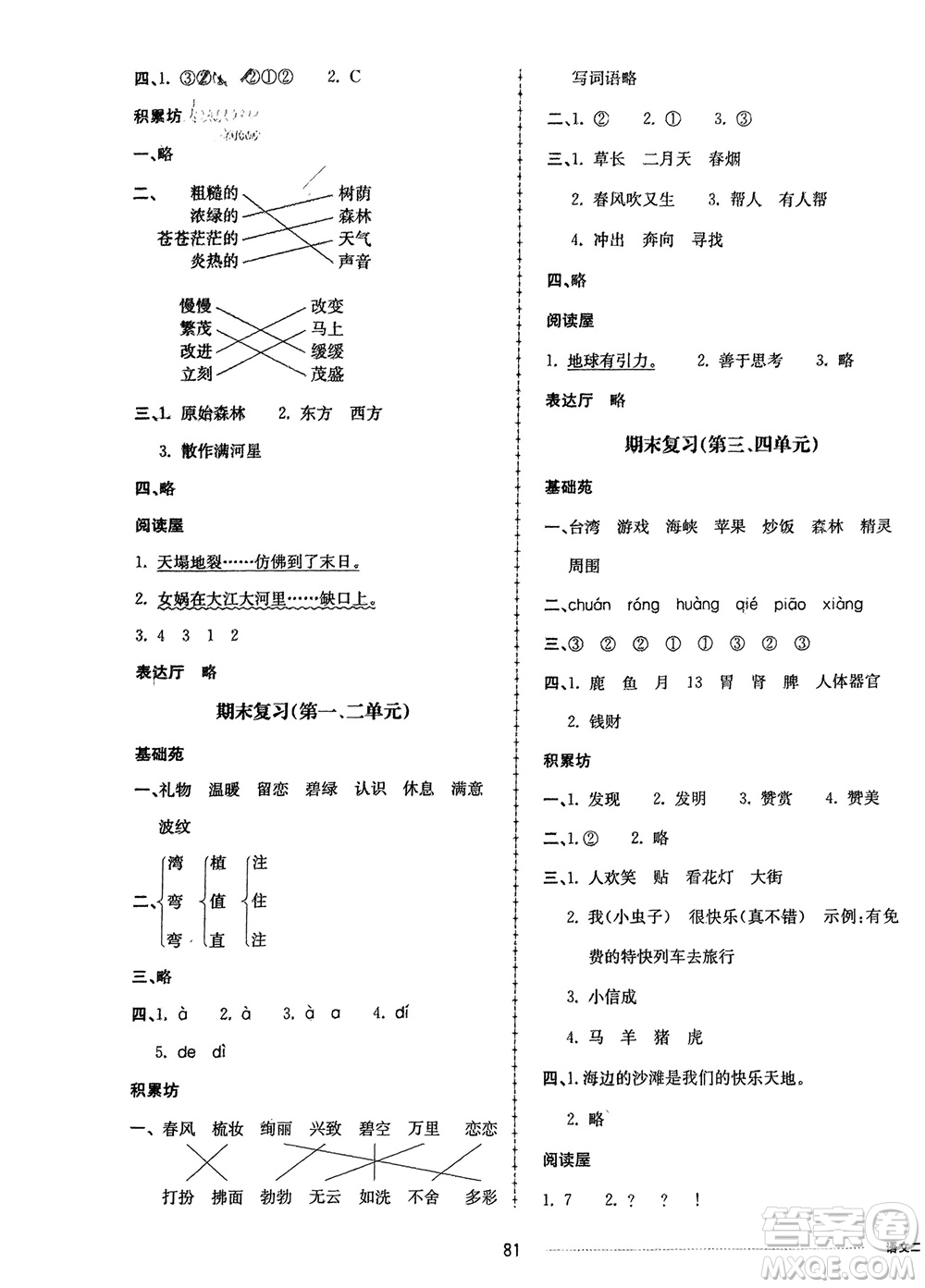 山東科學(xué)技術(shù)出版社2024年春同步練習(xí)冊配套單元自測卷二年級語文下冊通用版參考答案