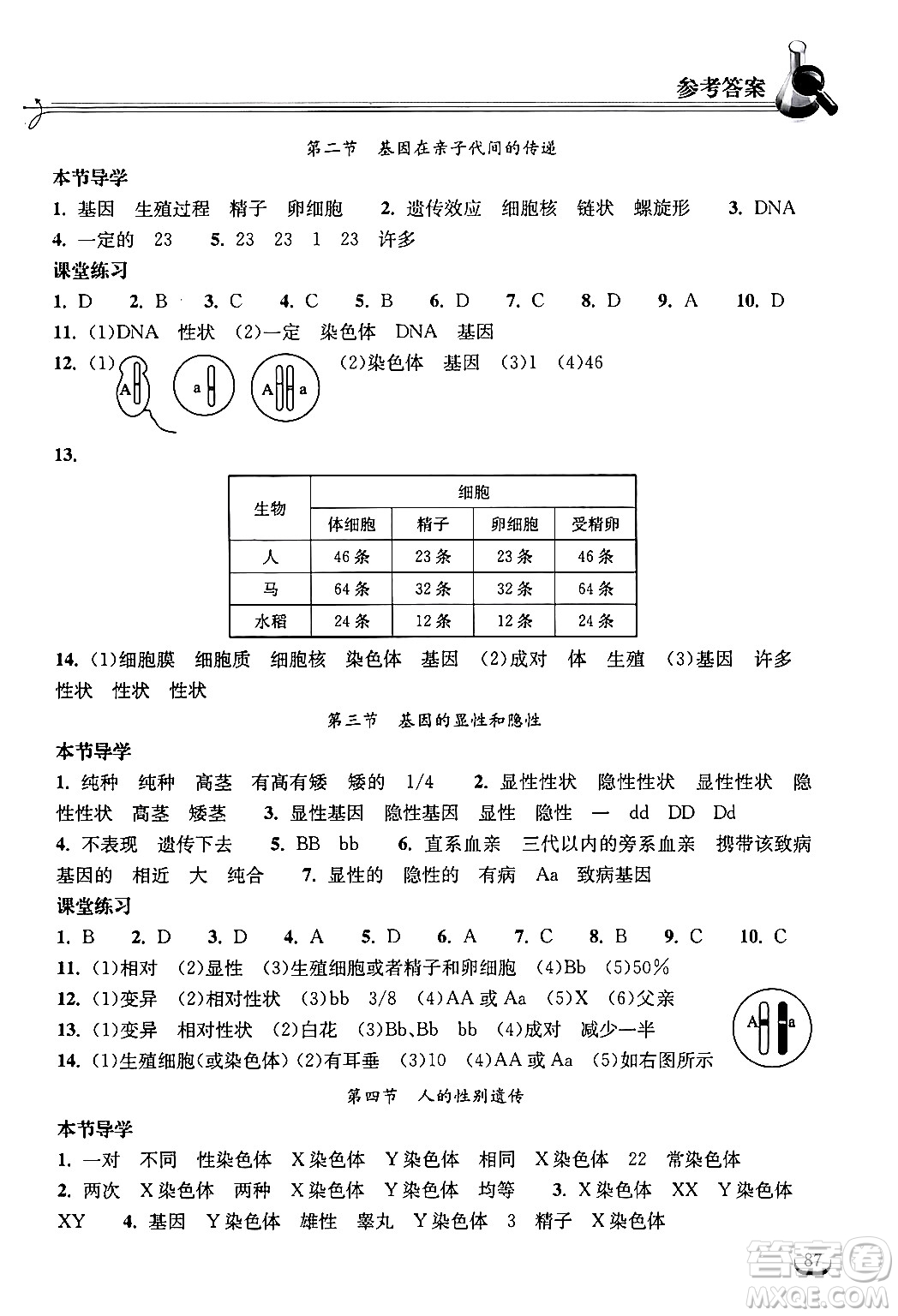 湖北教育出版社2024年春長江作業(yè)本同步練習(xí)冊八年級生物下冊人教版答案