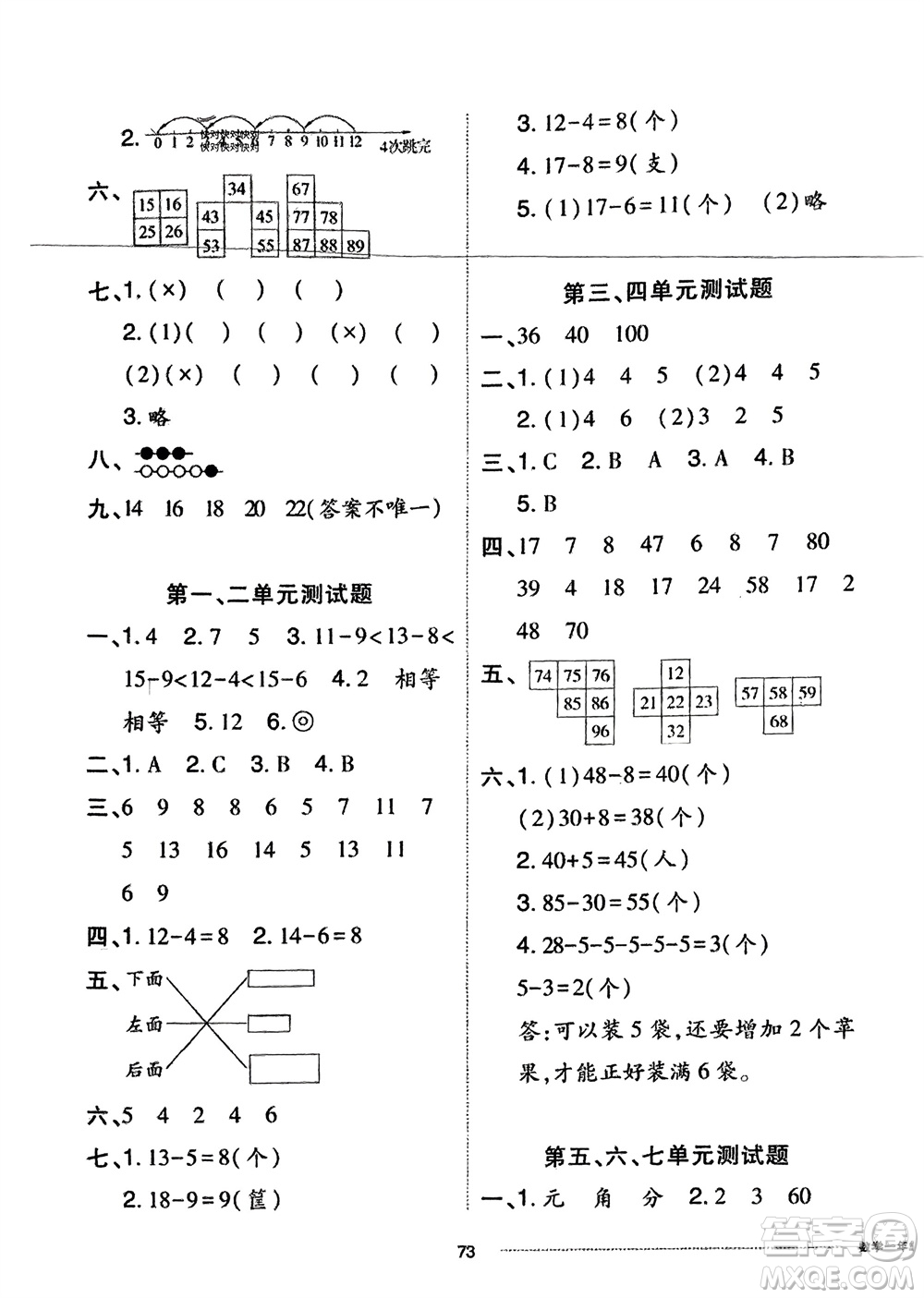 山東科學(xué)技術(shù)出版社2024年春同步練習(xí)冊(cè)配套單元自測(cè)卷一年級(jí)數(shù)學(xué)下冊(cè)通用版參考答案