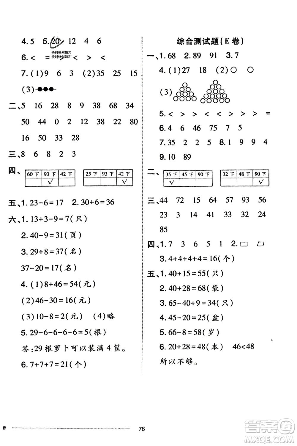 山東科學(xué)技術(shù)出版社2024年春同步練習(xí)冊(cè)配套單元自測(cè)卷一年級(jí)數(shù)學(xué)下冊(cè)通用版參考答案