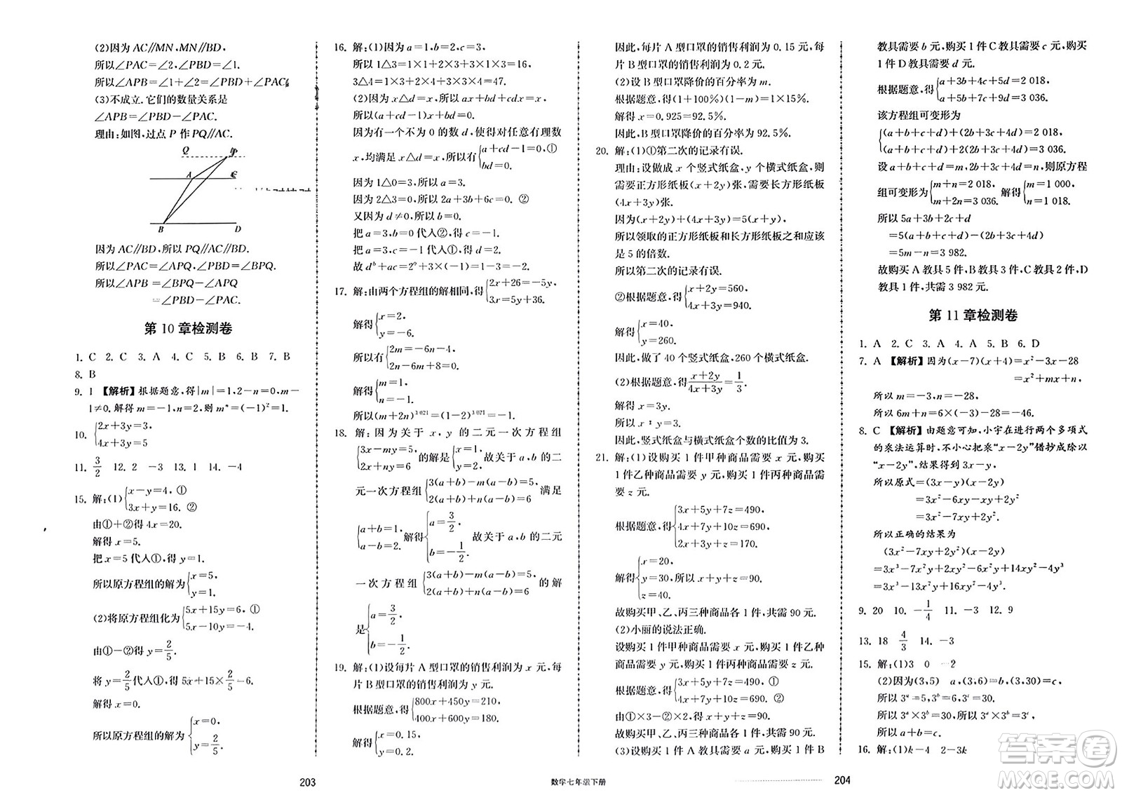 山東科學(xué)技術(shù)出版社2024年春同步練習(xí)冊配套單元檢測卷七年級數(shù)學(xué)下冊通用版參考答案