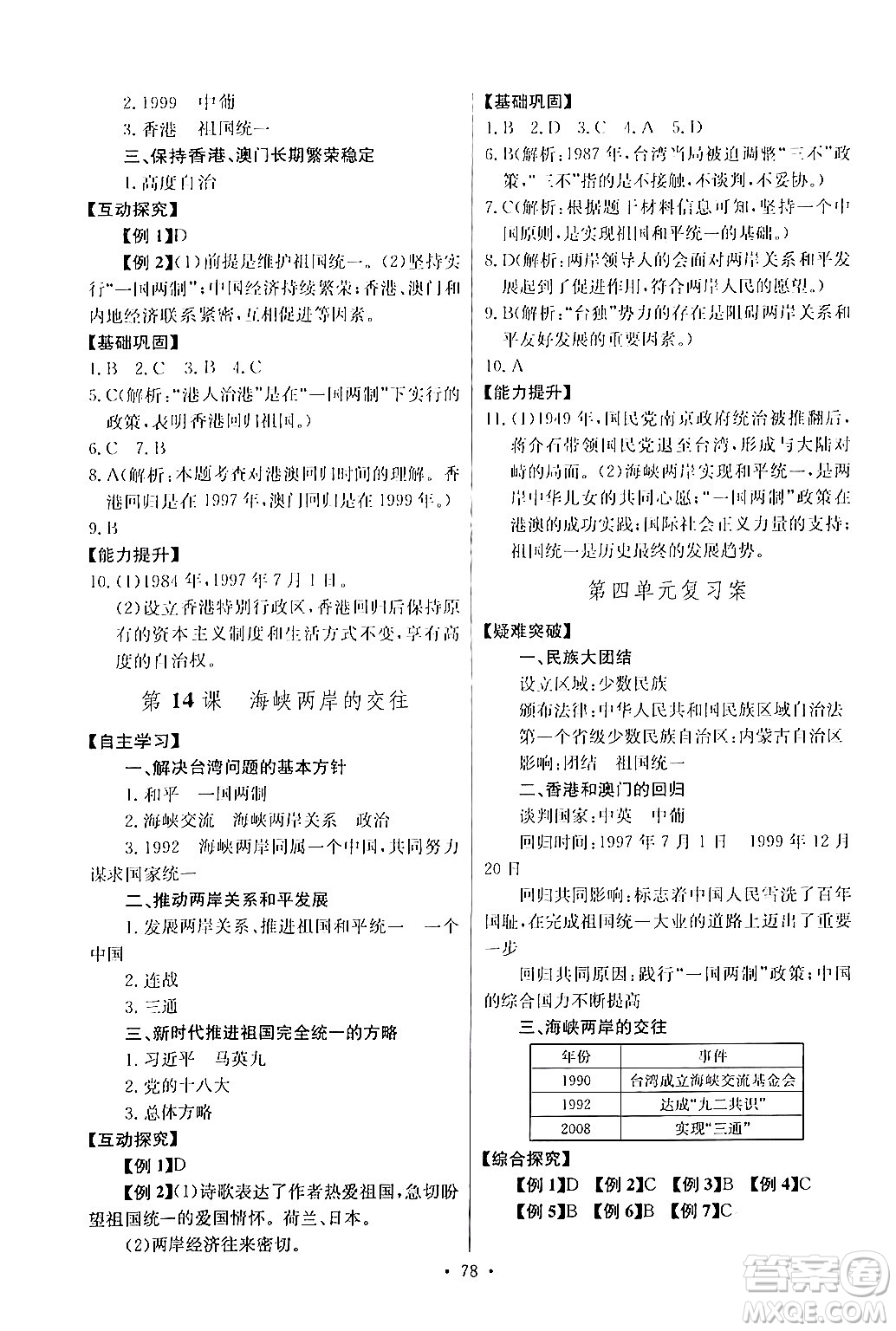 長(zhǎng)江少年兒童出版社2024年春長(zhǎng)江全能學(xué)案同步練習(xí)冊(cè)八年級(jí)歷史下冊(cè)人教版答案