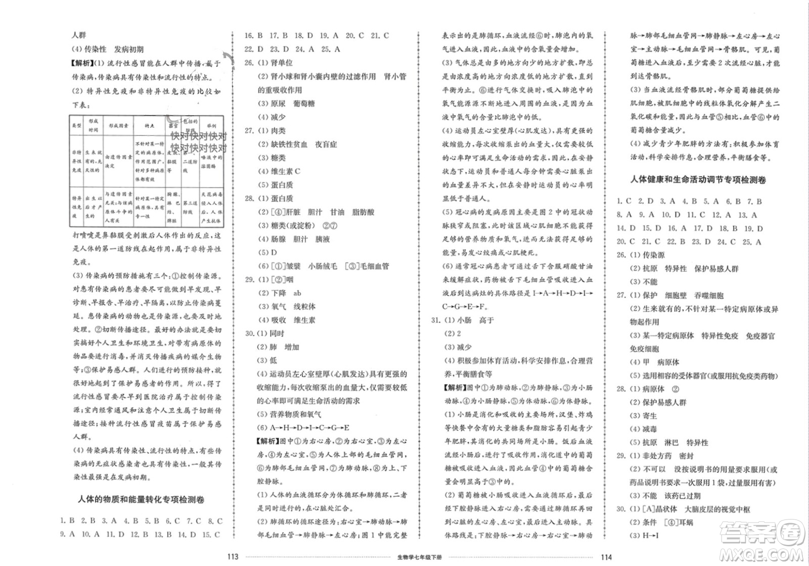 山東科學技術(shù)出版社2024年春同步練習冊配套單元檢測卷七年級生物下冊通用版參考答案