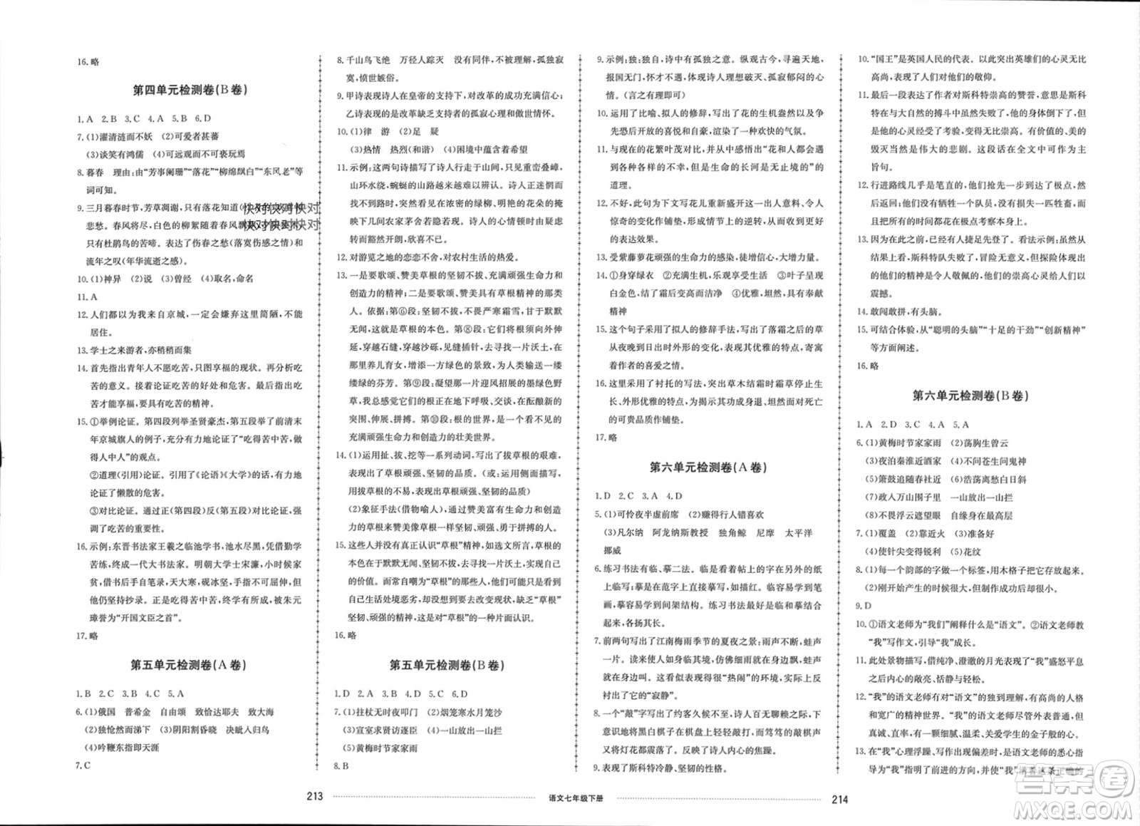 山東科學(xué)技術(shù)出版社2024年春同步練習(xí)冊配套單元檢測卷七年級語文下冊通用版參考答案