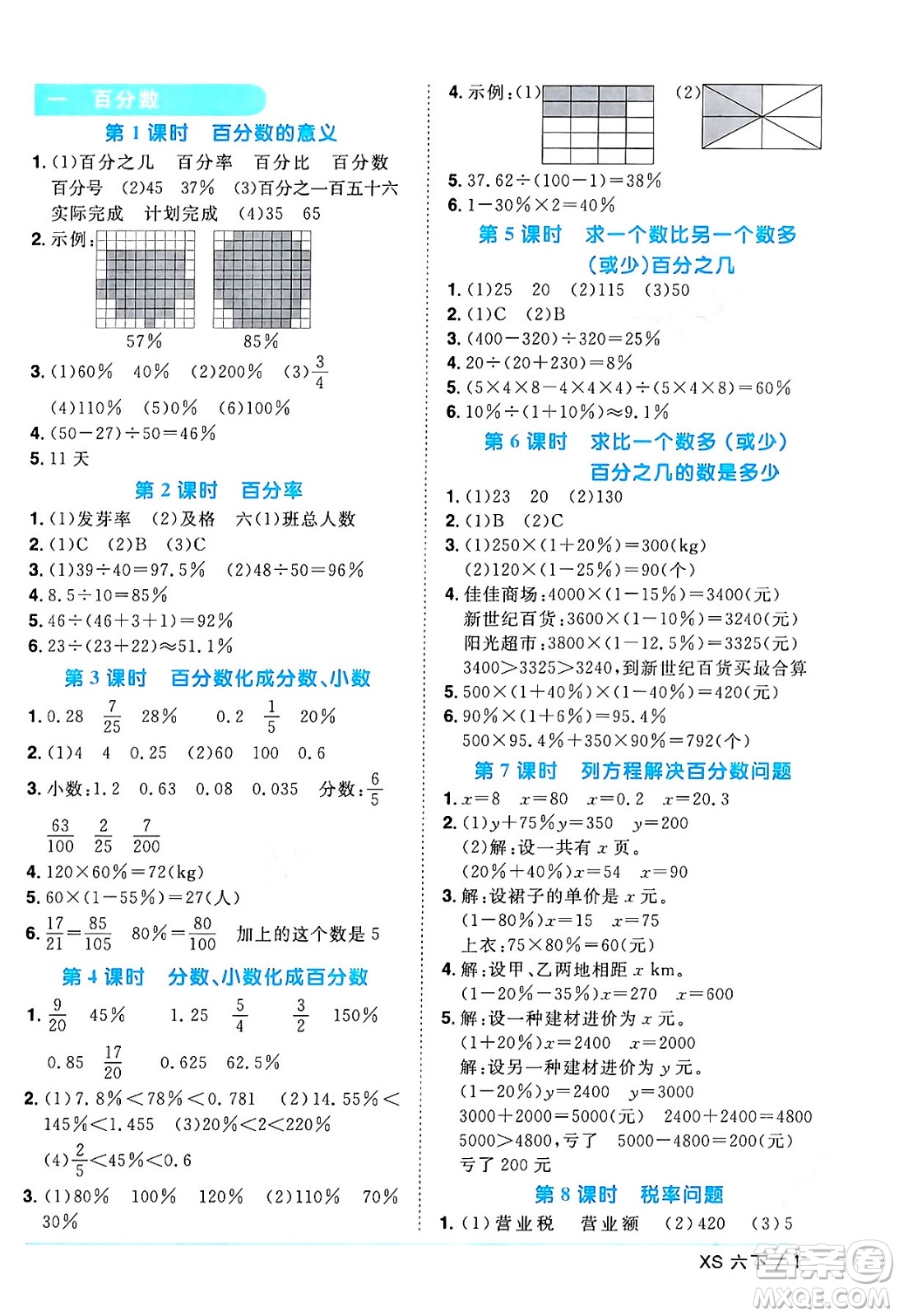 江西教育出版社2024年春陽光同學(xué)課時優(yōu)化作業(yè)六年級數(shù)學(xué)下冊西師版答案