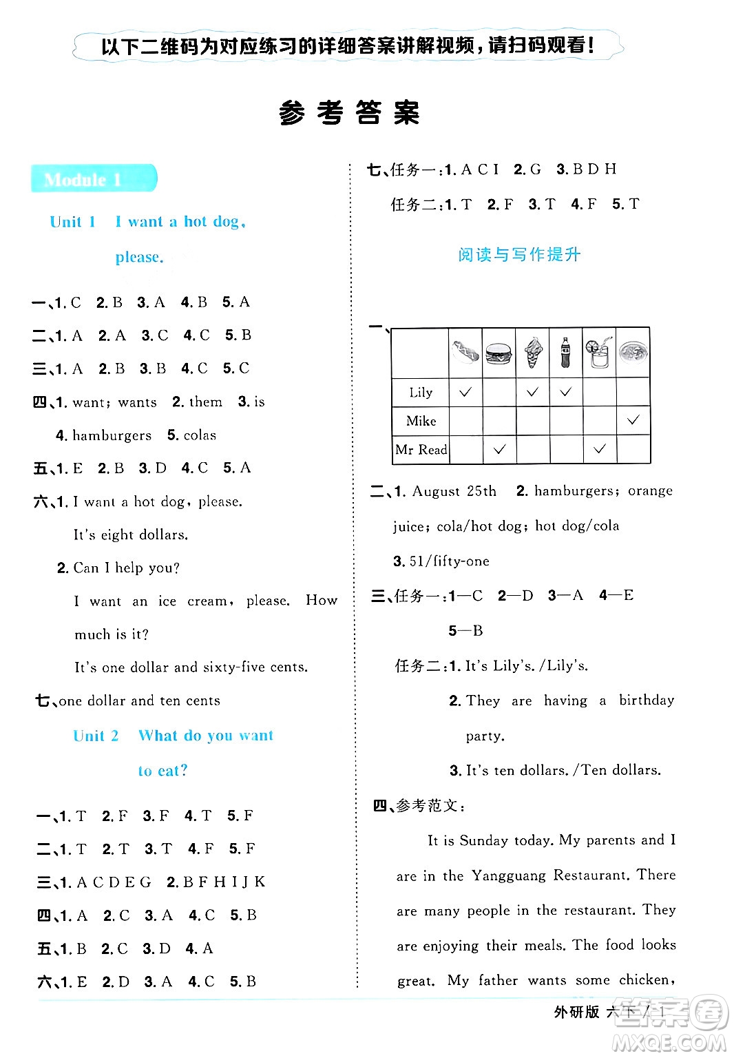 江西教育出版社2024年春陽光同學(xué)課時優(yōu)化作業(yè)六年級英語下冊外研版三起點(diǎn)答案