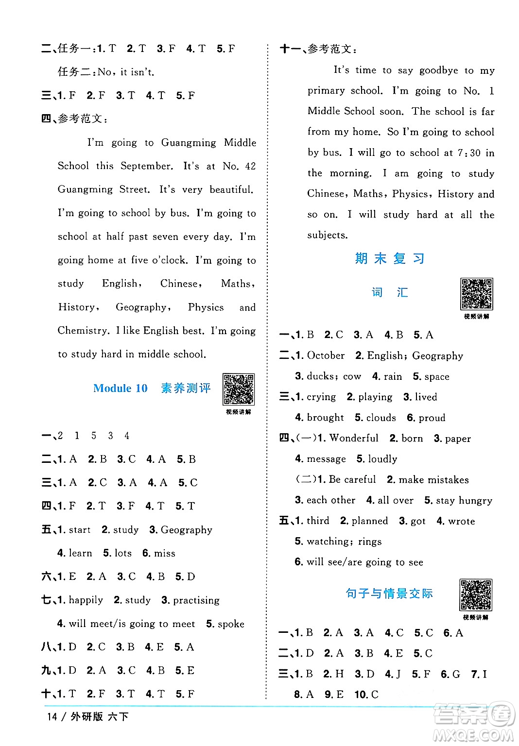 江西教育出版社2024年春陽光同學(xué)課時優(yōu)化作業(yè)六年級英語下冊外研版三起點(diǎn)答案