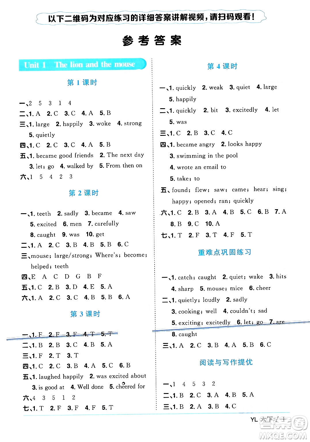 江西教育出版社2024年春陽光同學(xué)課時(shí)優(yōu)化作業(yè)六年級英語下冊譯林版江蘇專版答案