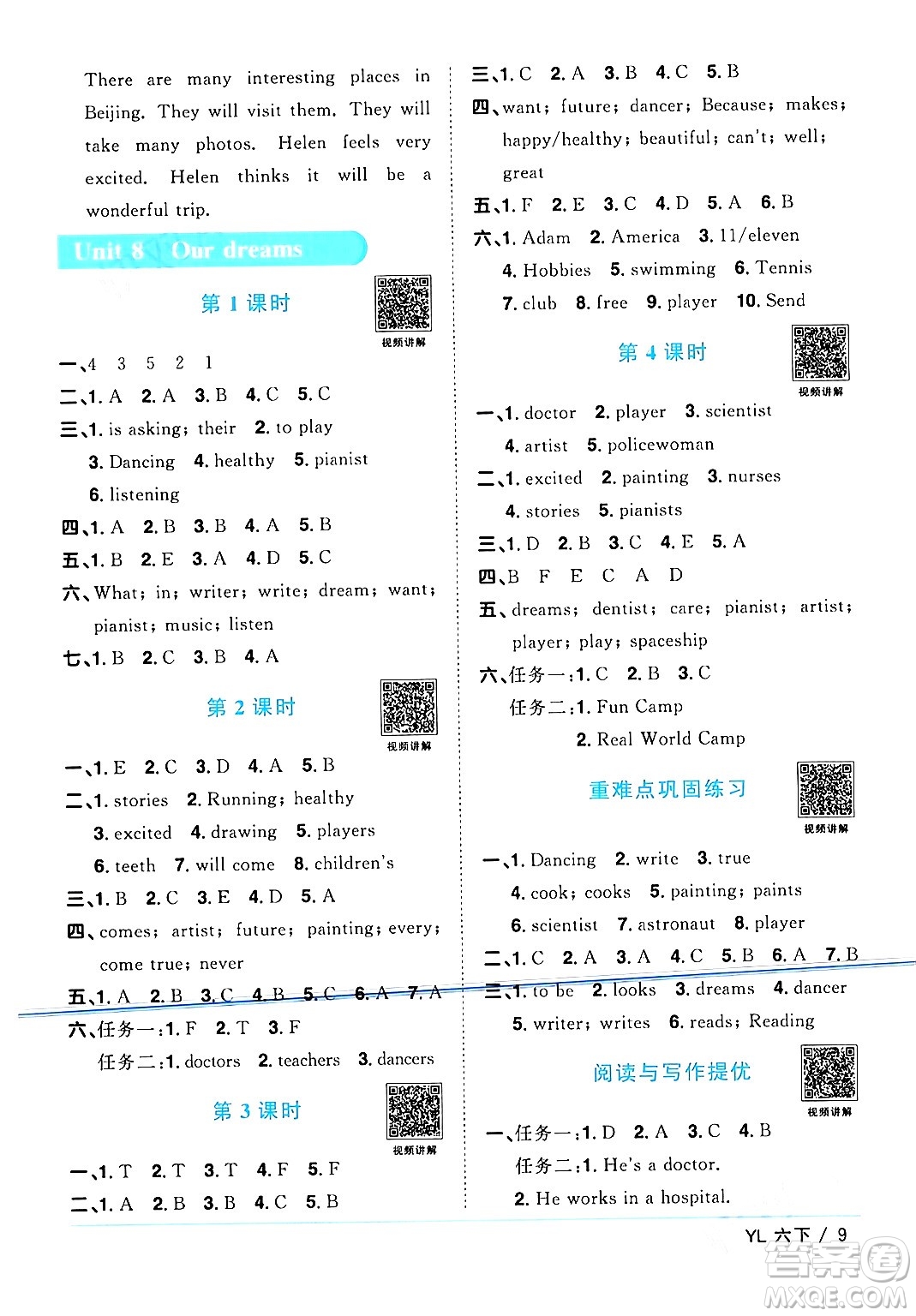 江西教育出版社2024年春陽光同學(xué)課時(shí)優(yōu)化作業(yè)六年級英語下冊譯林版江蘇專版答案