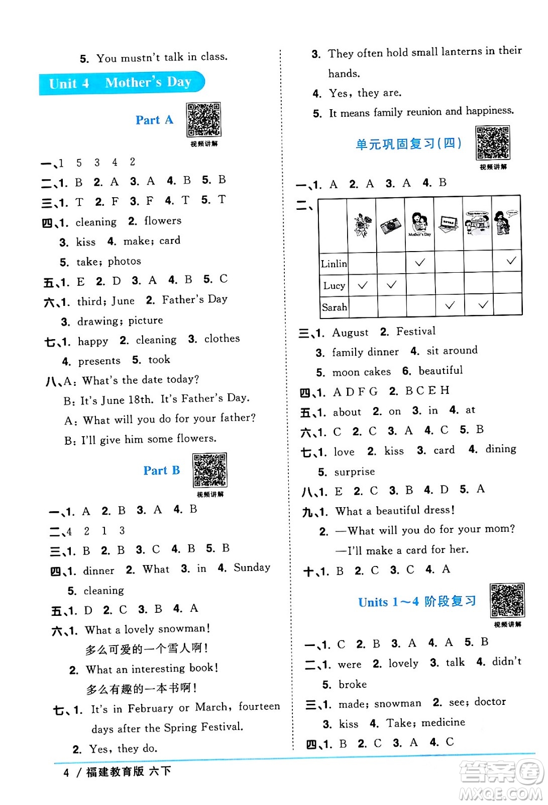 江西教育出版社2024年春陽光同學(xué)課時(shí)優(yōu)化作業(yè)六年級英語下冊閩教版福建專版答案