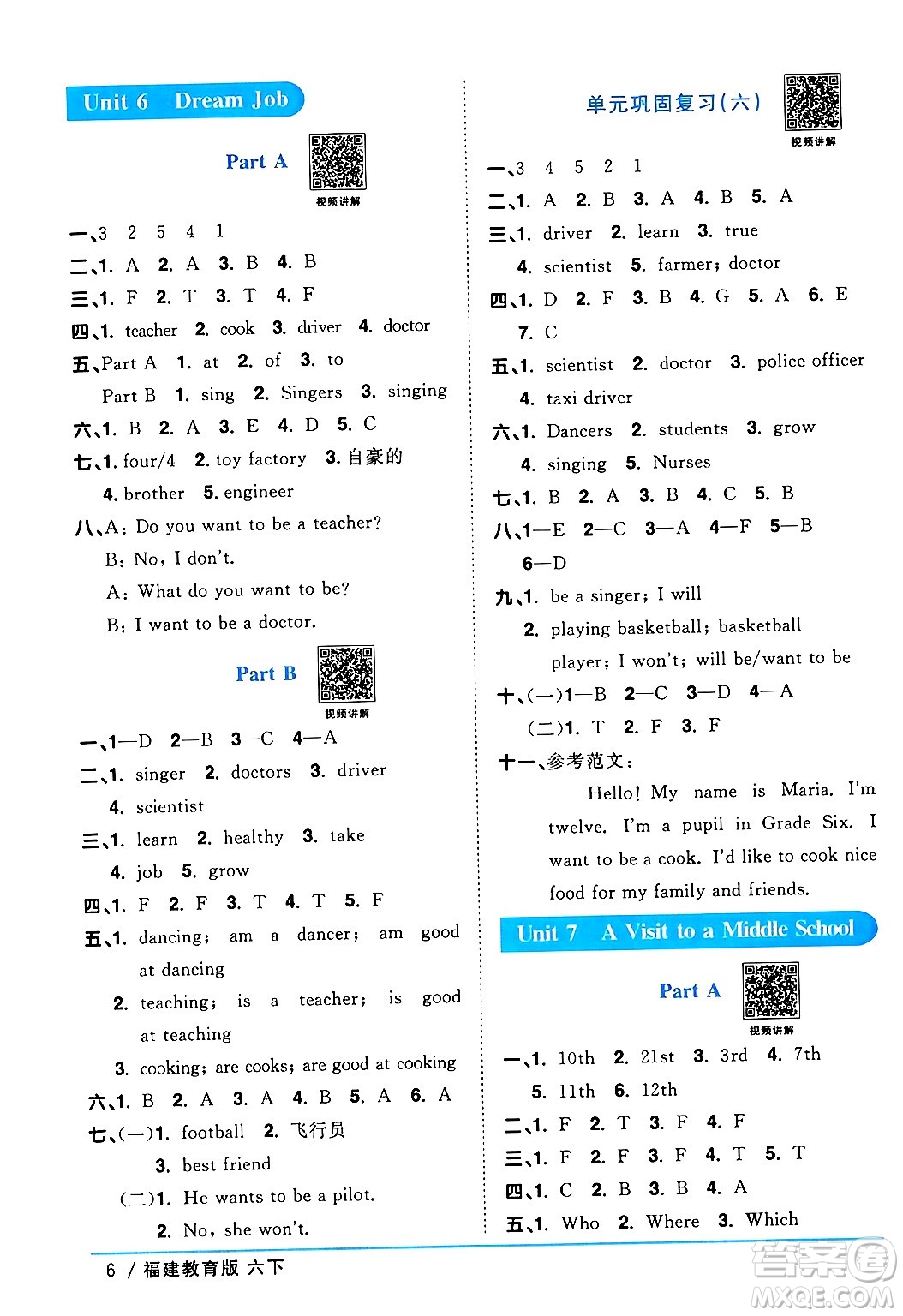 江西教育出版社2024年春陽光同學(xué)課時(shí)優(yōu)化作業(yè)六年級英語下冊閩教版福建專版答案