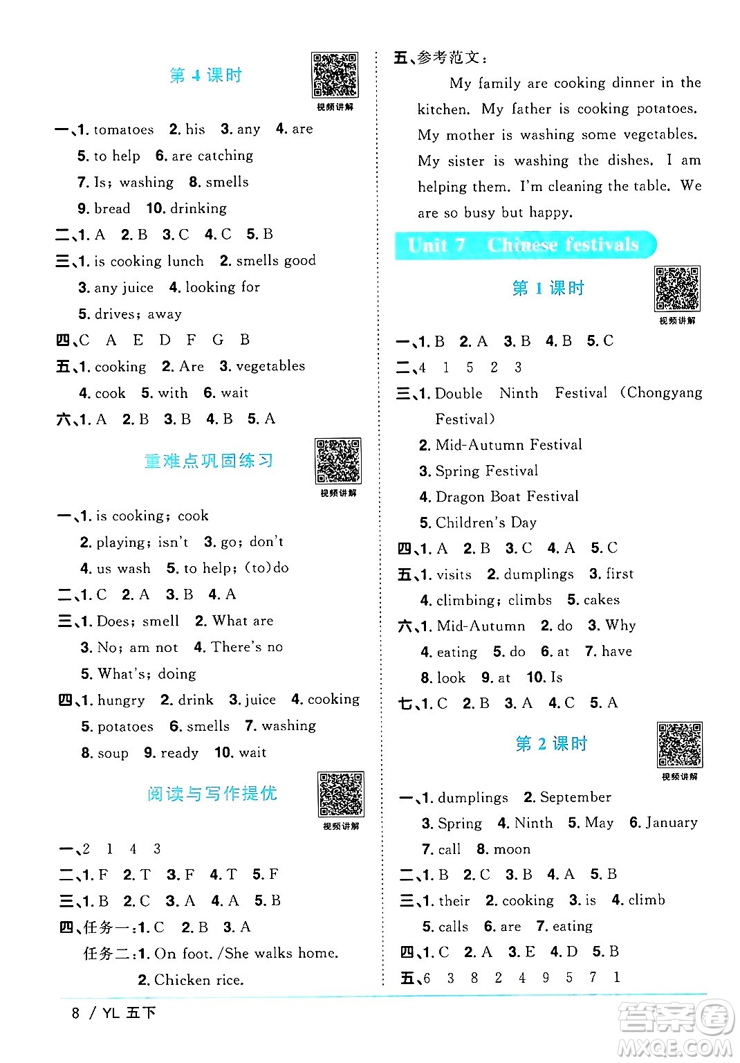 江西教育出版社2024年春陽光同學(xué)課時(shí)優(yōu)化作業(yè)五年級英語下冊譯林版江蘇專版答案