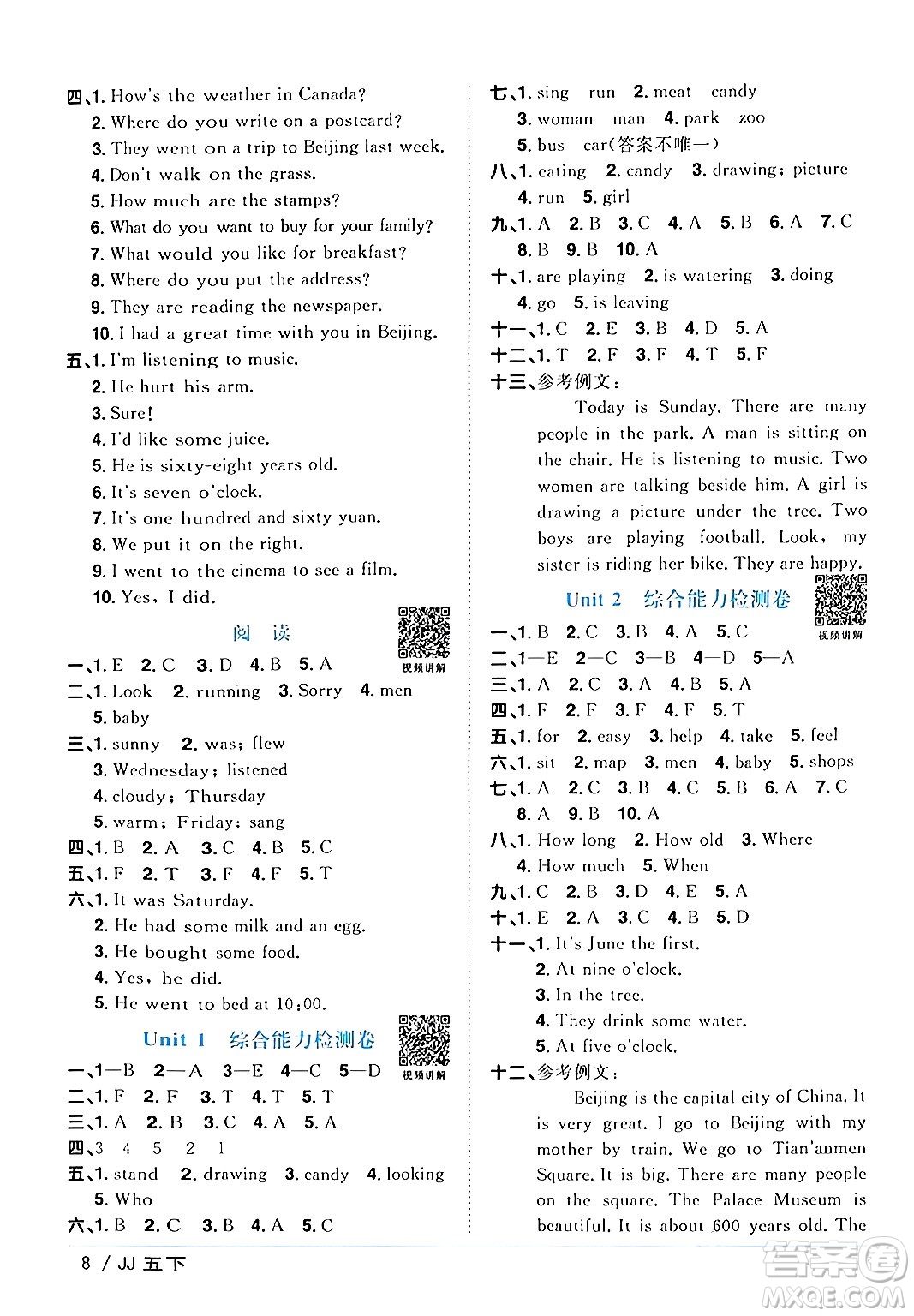 江西教育出版社2024年春陽光同學課時優(yōu)化作業(yè)五年級英語下冊冀教版答案