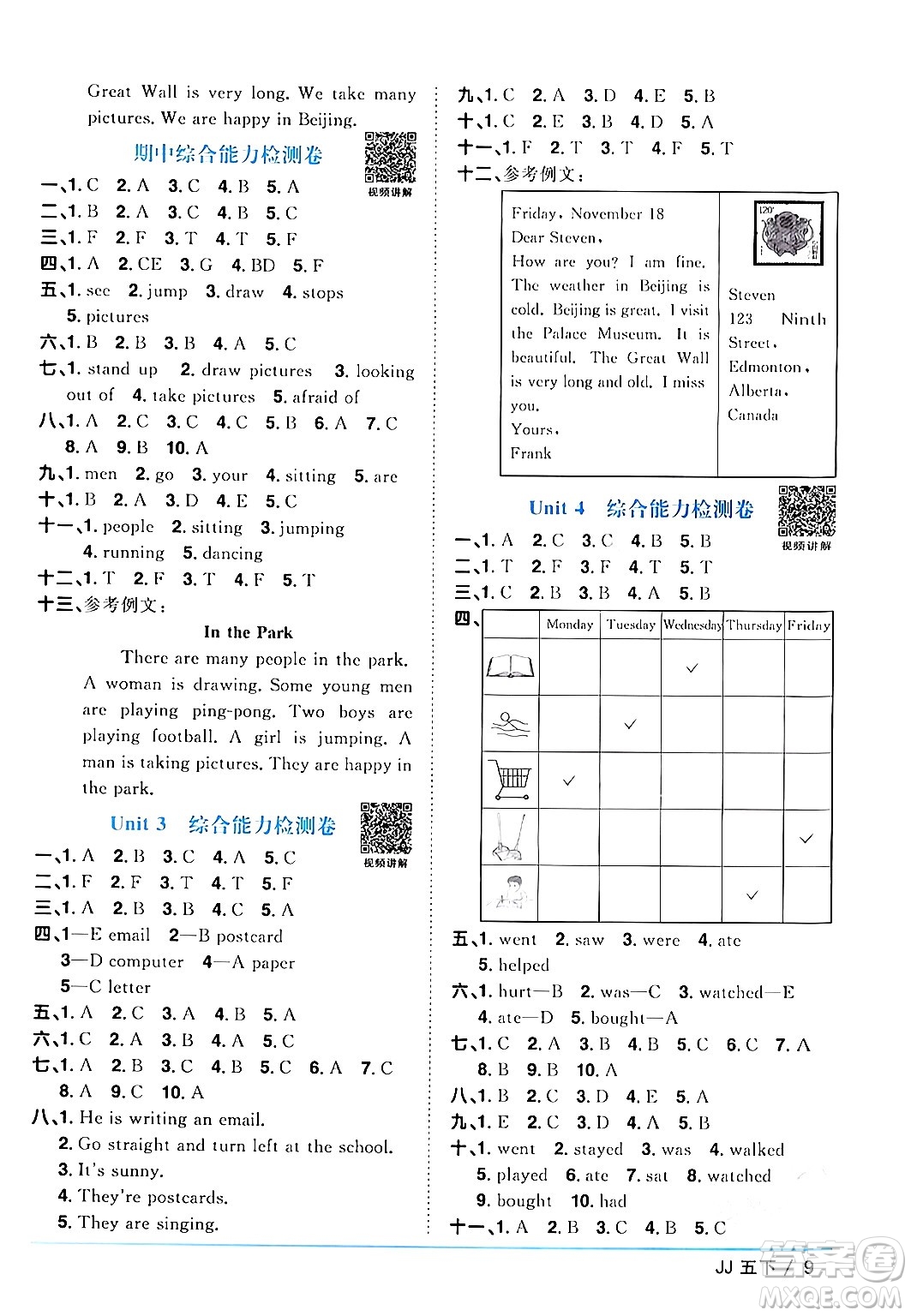 江西教育出版社2024年春陽光同學課時優(yōu)化作業(yè)五年級英語下冊冀教版答案