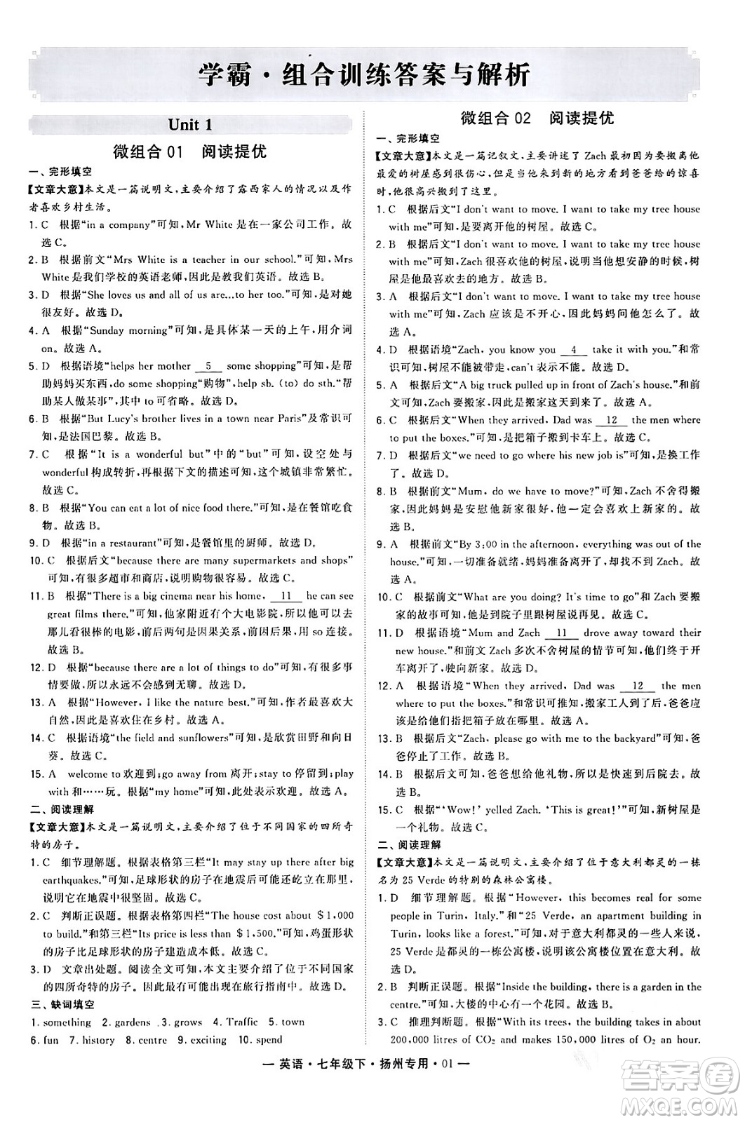 河海大學(xué)出版社2024年春經(jīng)綸學(xué)典學(xué)霸組合訓(xùn)練七年級英語下冊揚(yáng)州專版答案