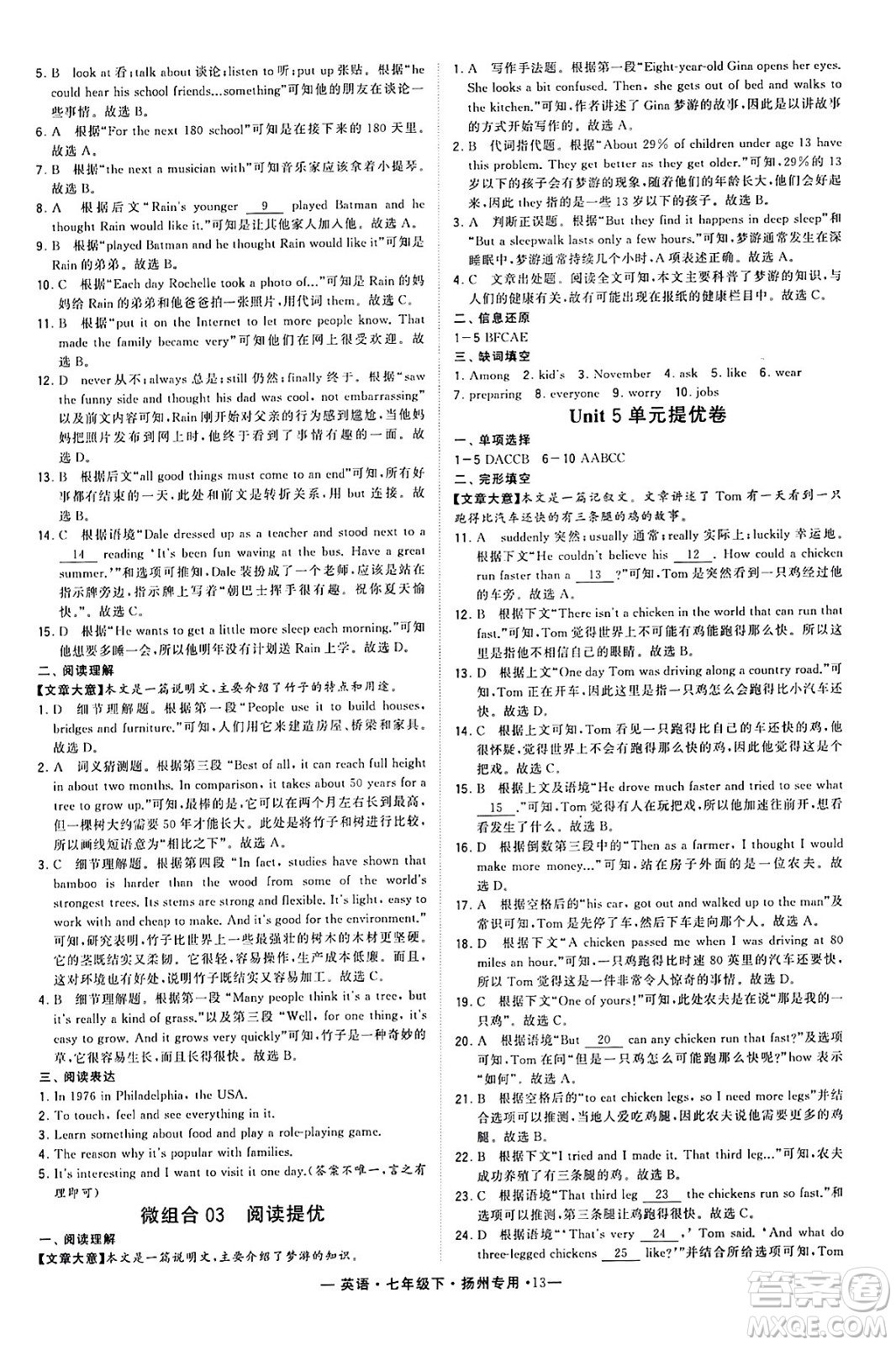 河海大學(xué)出版社2024年春經(jīng)綸學(xué)典學(xué)霸組合訓(xùn)練七年級英語下冊揚(yáng)州專版答案
