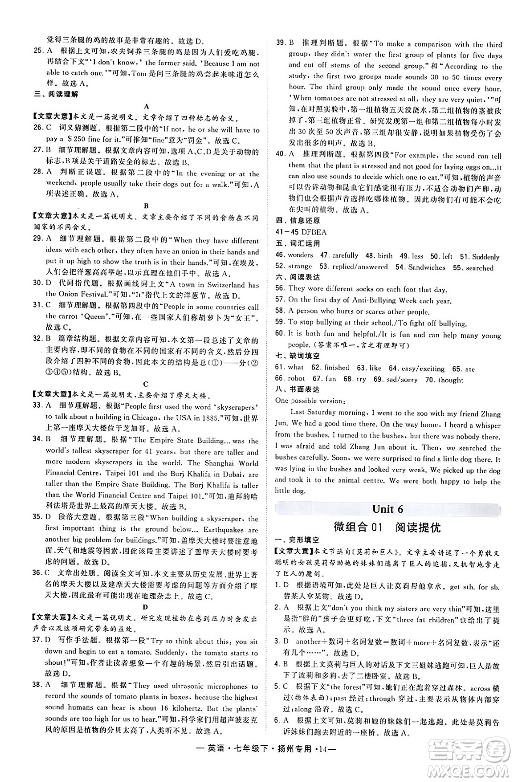 河海大學(xué)出版社2024年春經(jīng)綸學(xué)典學(xué)霸組合訓(xùn)練七年級英語下冊揚(yáng)州專版答案