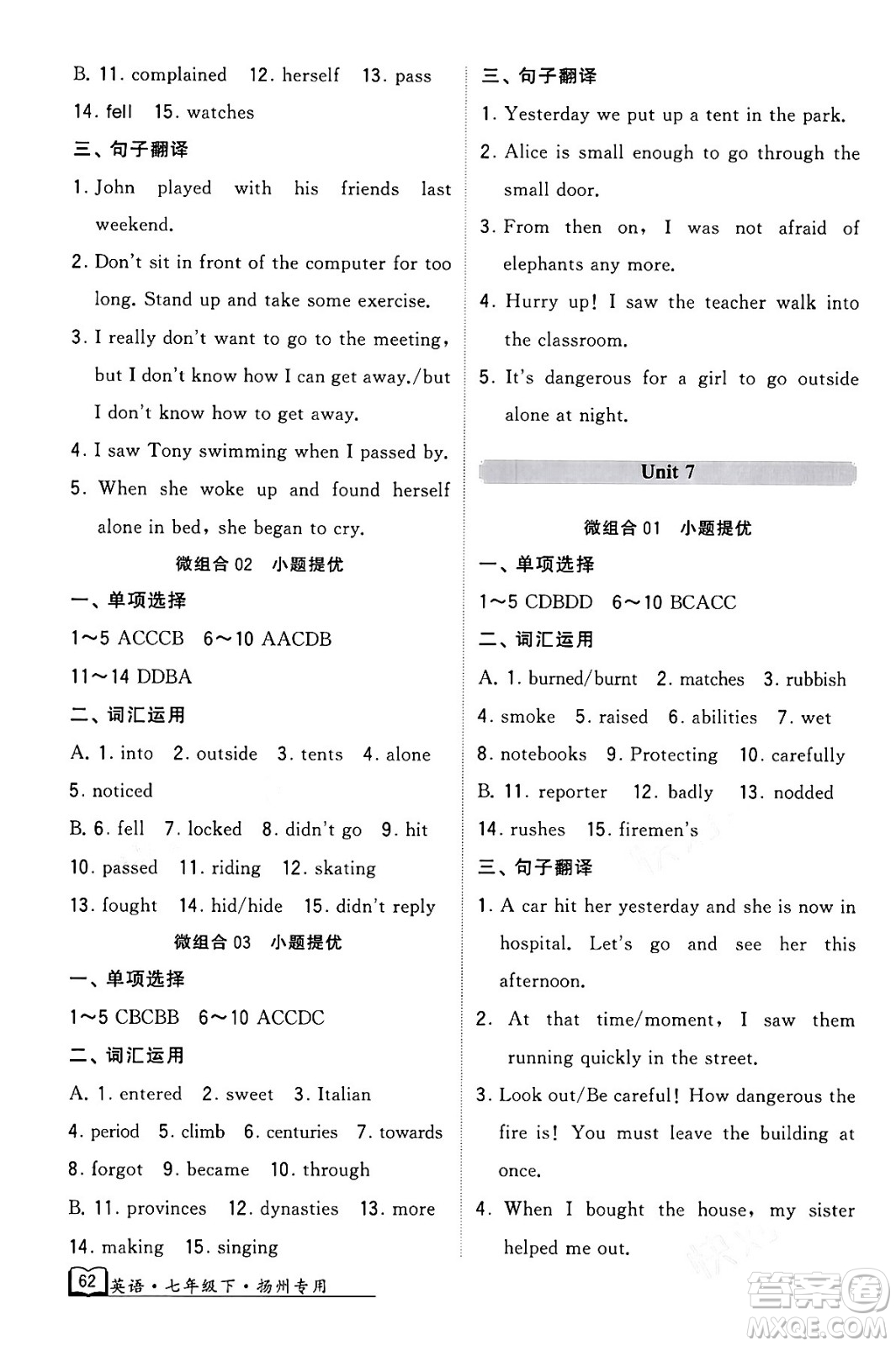河海大學(xué)出版社2024年春經(jīng)綸學(xué)典學(xué)霸組合訓(xùn)練七年級英語下冊揚(yáng)州專版答案