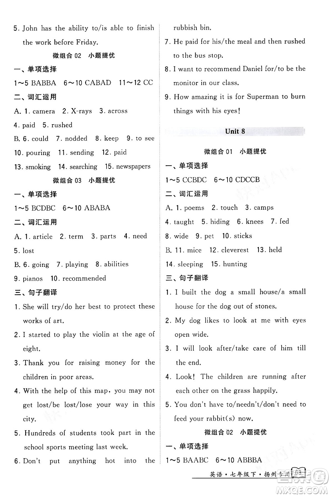 河海大學(xué)出版社2024年春經(jīng)綸學(xué)典學(xué)霸組合訓(xùn)練七年級英語下冊揚(yáng)州專版答案