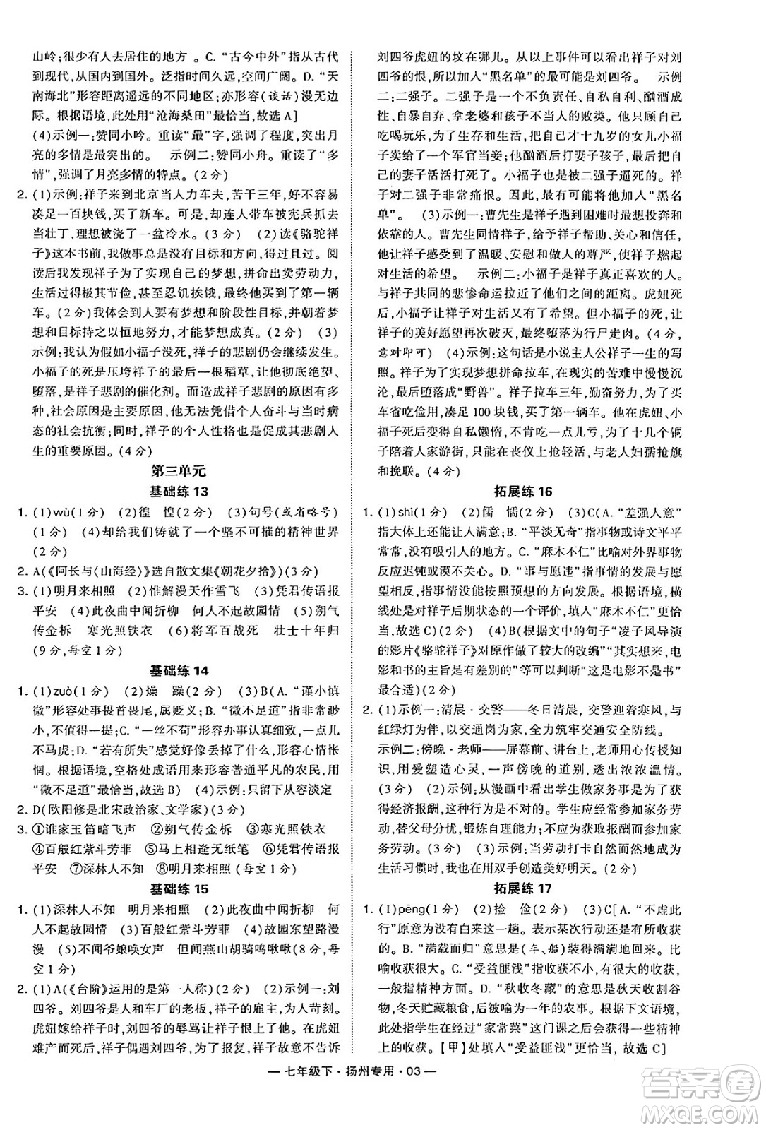 河海大學(xué)出版社2024年春經(jīng)綸學(xué)典學(xué)霸組合訓(xùn)練七年級(jí)語文下冊(cè)揚(yáng)州專版答案
