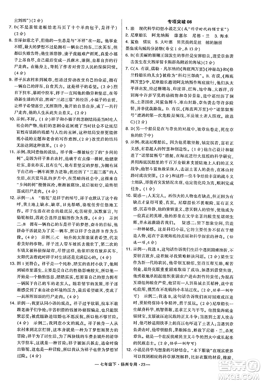 河海大學(xué)出版社2024年春經(jīng)綸學(xué)典學(xué)霸組合訓(xùn)練七年級(jí)語文下冊(cè)揚(yáng)州專版答案