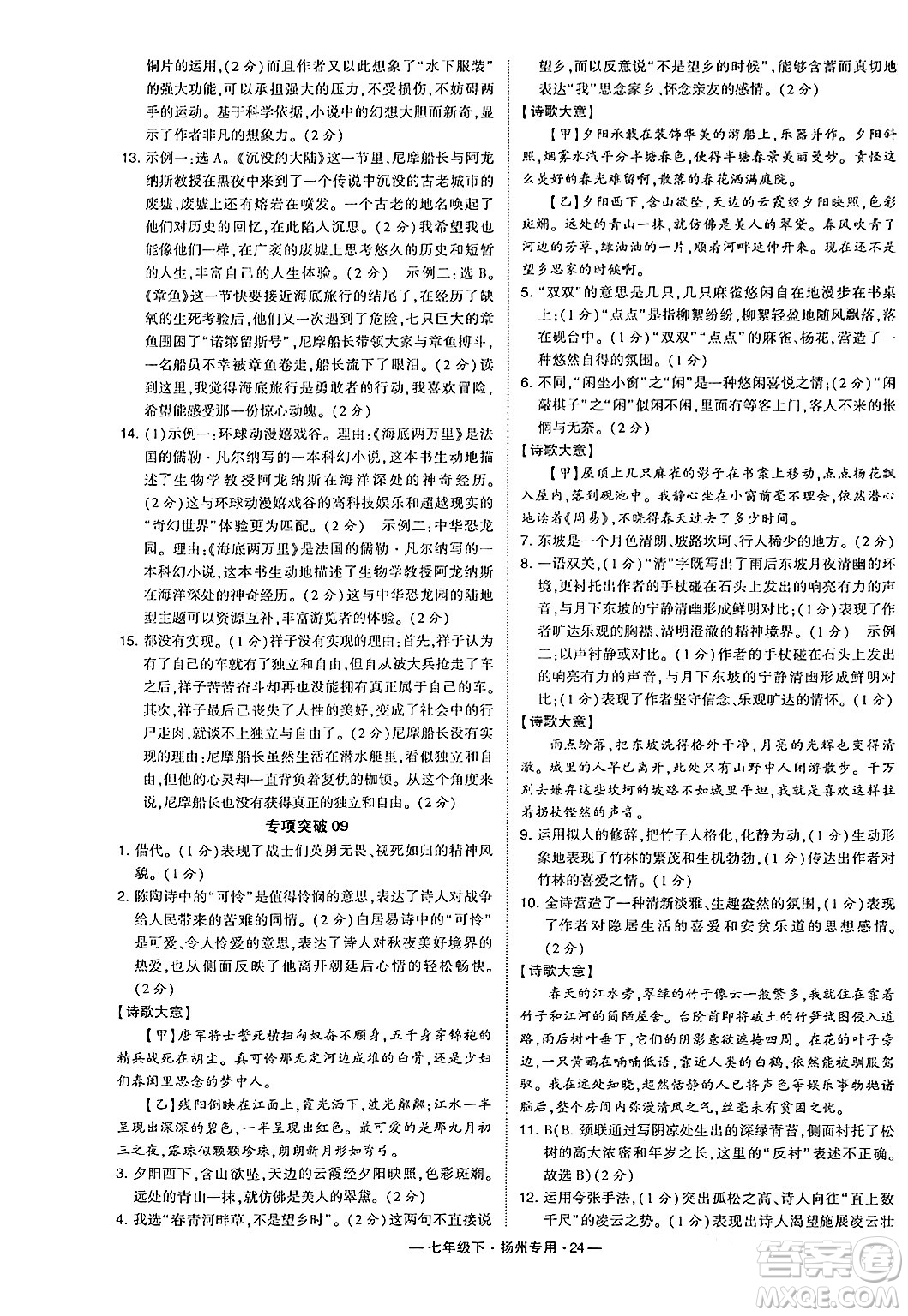 河海大學(xué)出版社2024年春經(jīng)綸學(xué)典學(xué)霸組合訓(xùn)練七年級(jí)語文下冊(cè)揚(yáng)州專版答案