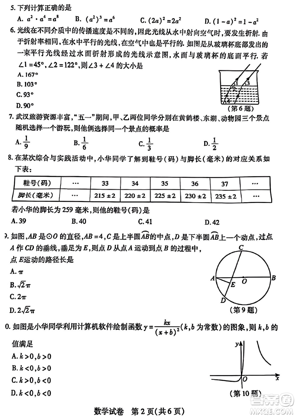 2024年武漢市中考適應(yīng)性考試數(shù)學(xué)試卷參考答案