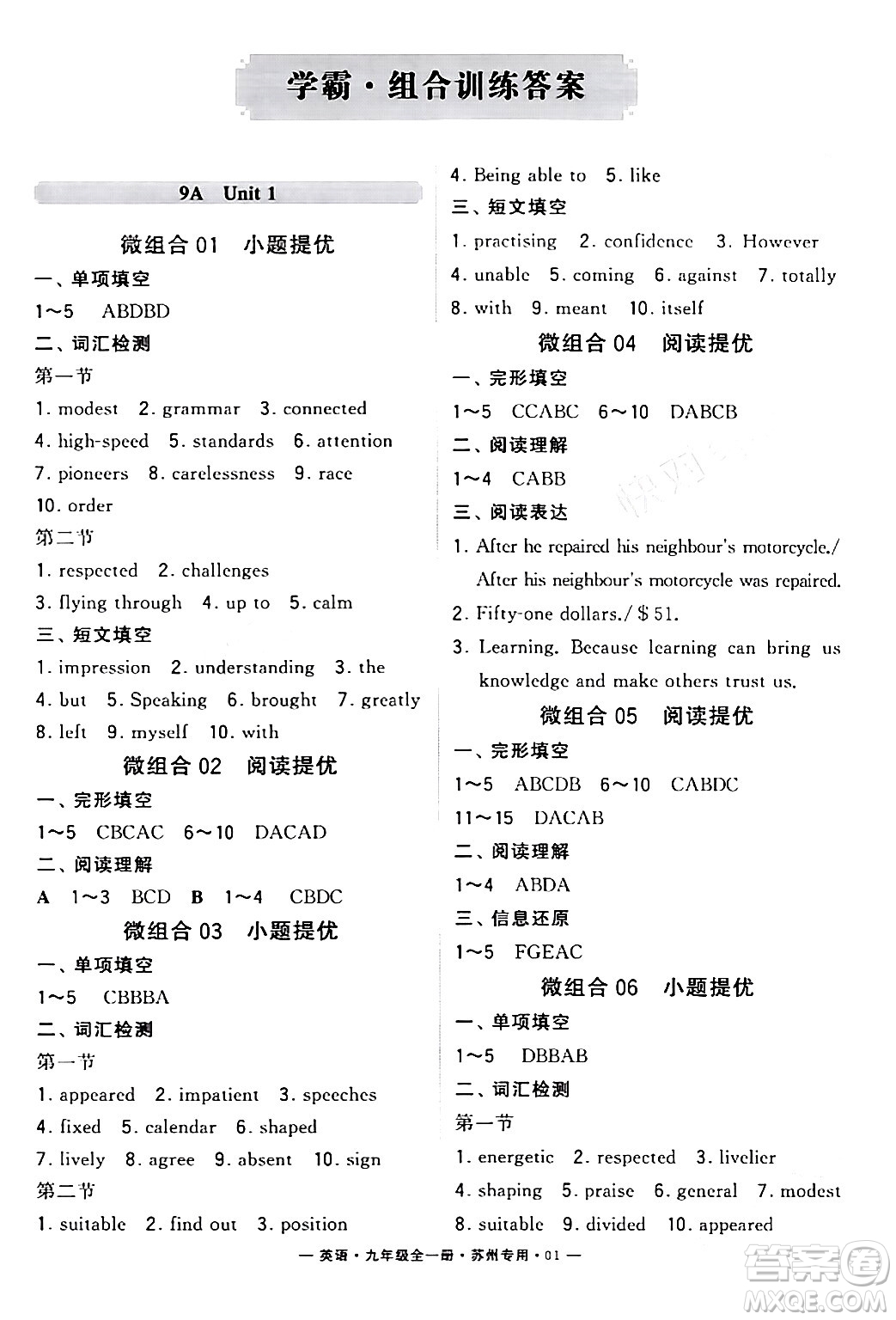 河海大學(xué)出版社2024年春經(jīng)綸學(xué)典學(xué)霸組合訓(xùn)練九年級英語下冊蘇州專版答案