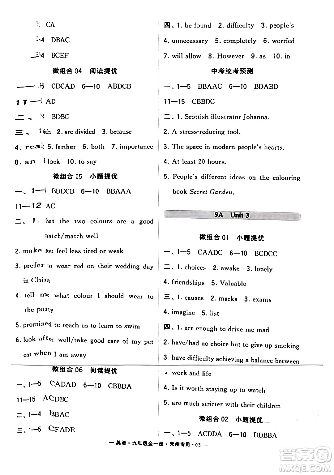 河海大學出版社2024年春經(jīng)綸學典學霸組合訓練九年級英語下冊常州專版答案